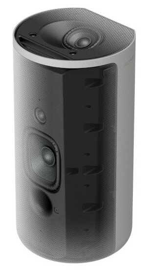 Cylindryczny szary głośnik z widocznymi głośnikami i czarnym wierzchem.