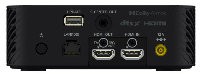 Widok z tyłu czarnego urządzenia z różnymi portami, w tym HDMI i LAN.