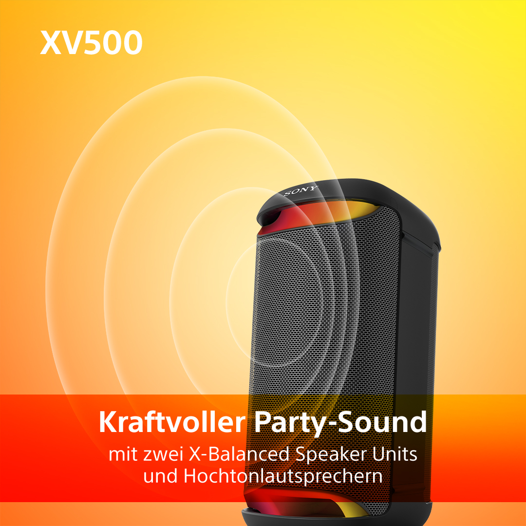 Ein schwarzer Lautsprecher mit bunten Lichtern und dem Text: Kraftvoller Party-Sound.