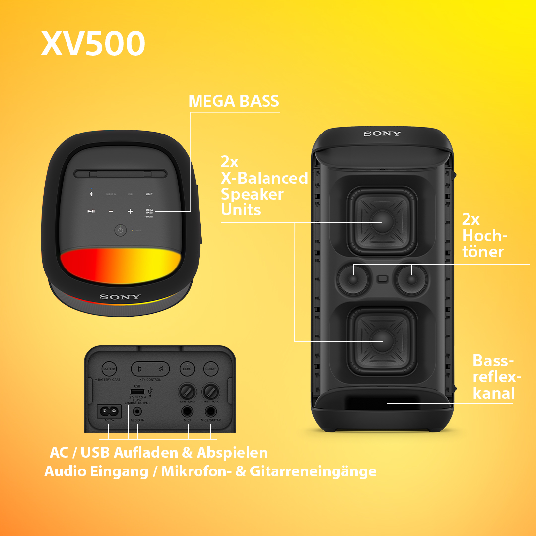 Sony XV500 Lautsprecher. Es hat eine Frontplatte mit Lichtern, Lautsprechereinheiten und ein Panel auf der Rückseite.