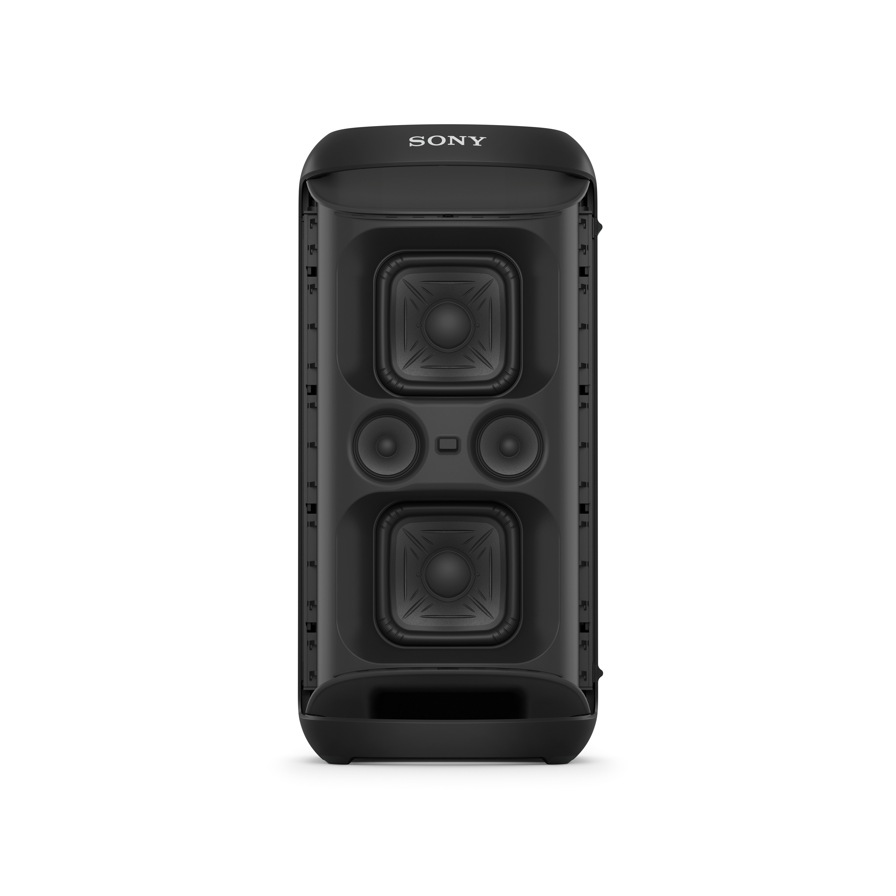 Ein schwarzer Sony-Lautsprecher mit zwei großen und zwei kleinen sichtbaren Lautsprechern.