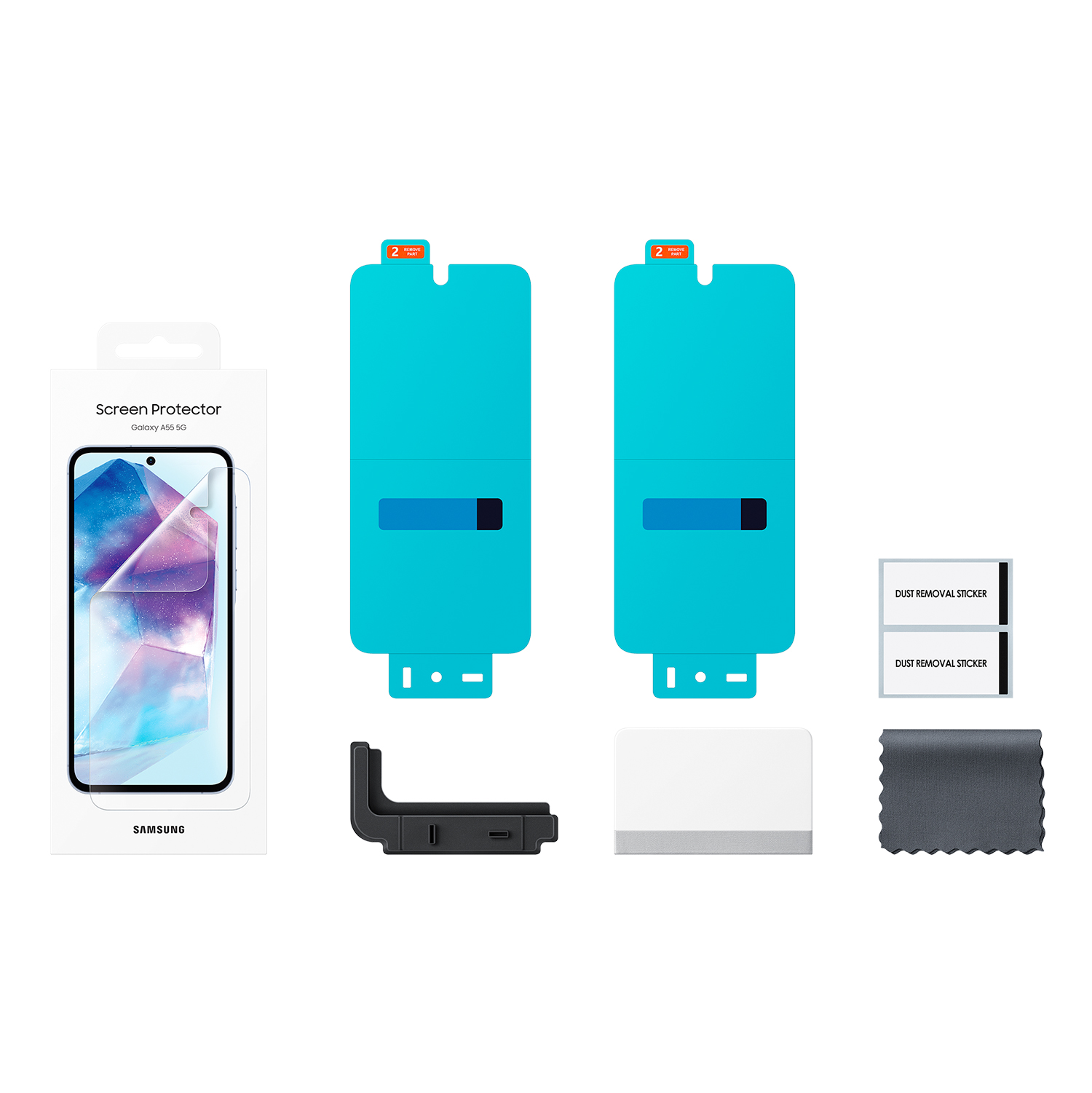 Paquete y accesorios del protector de pantalla Samsung. Incluye protector, herramientas de alineación y paño.