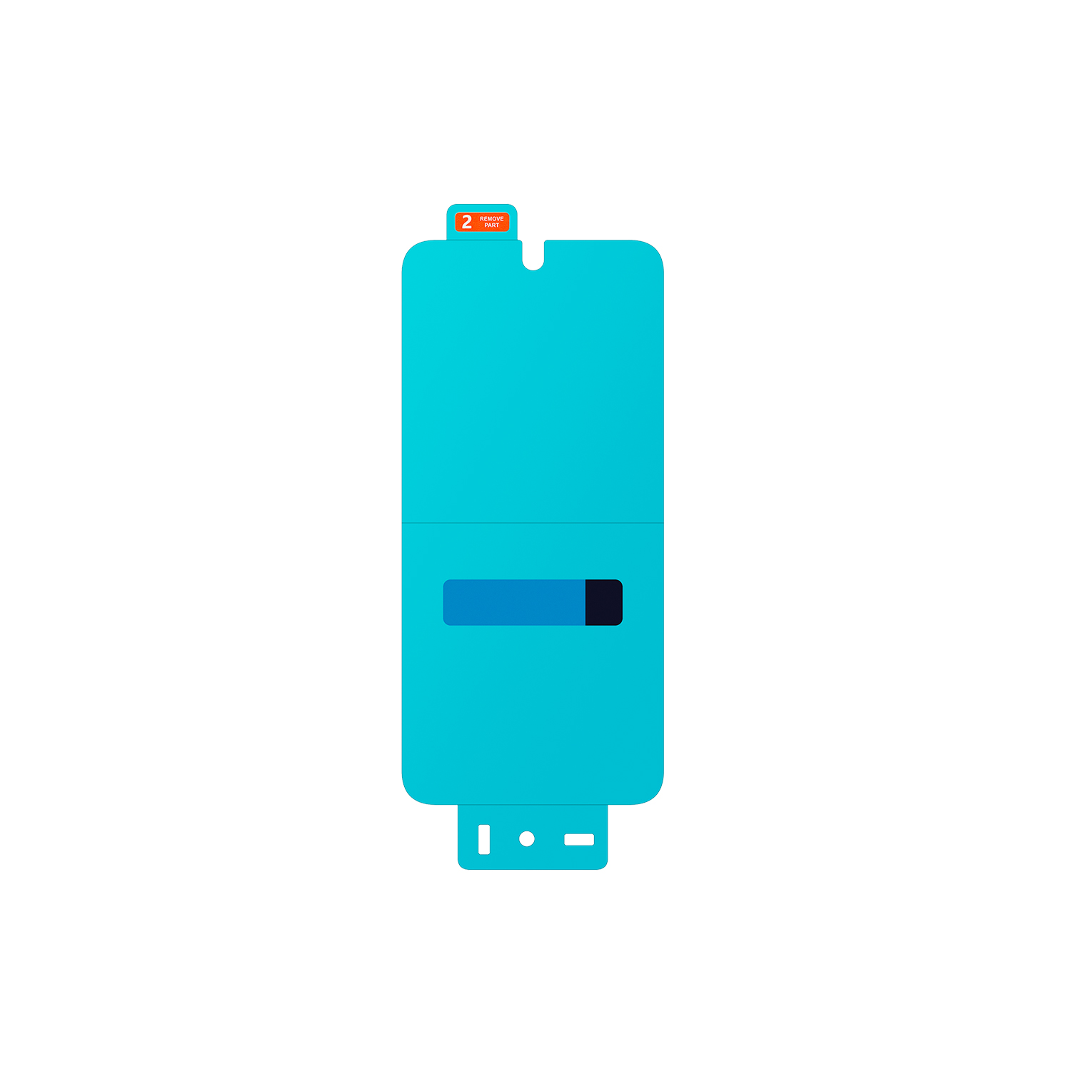 Un protector de pantalla azul con una barra negra y una pestaña naranja, sobre fondo blanco.