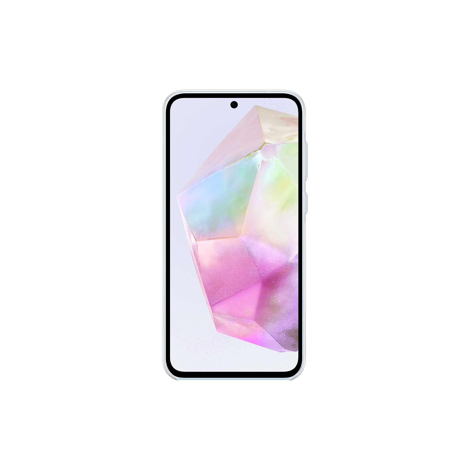 Un smartphone blanco con marco azul claro, mostrando un cristal colorido en su pantalla.