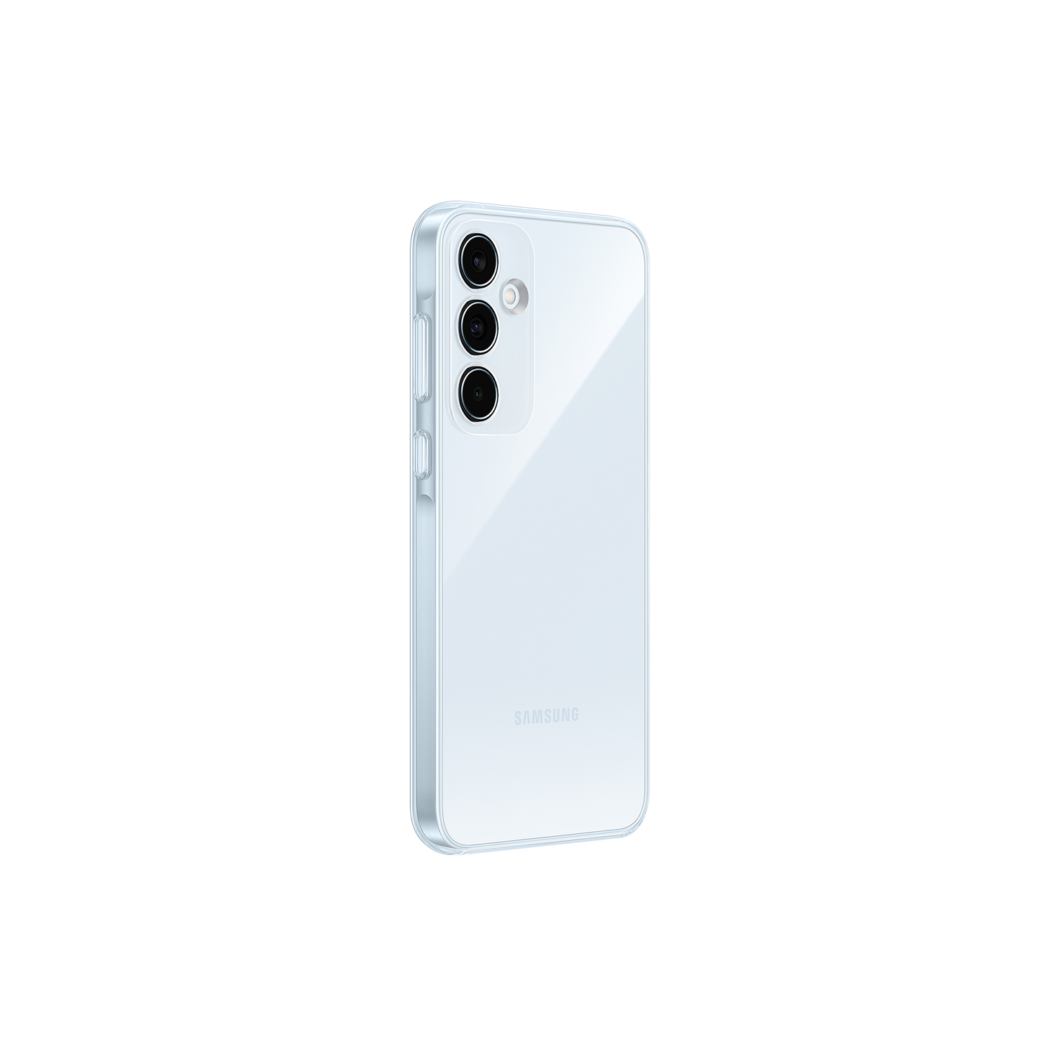 Una funda de teléfono azul claro con tres lentes de cámara.