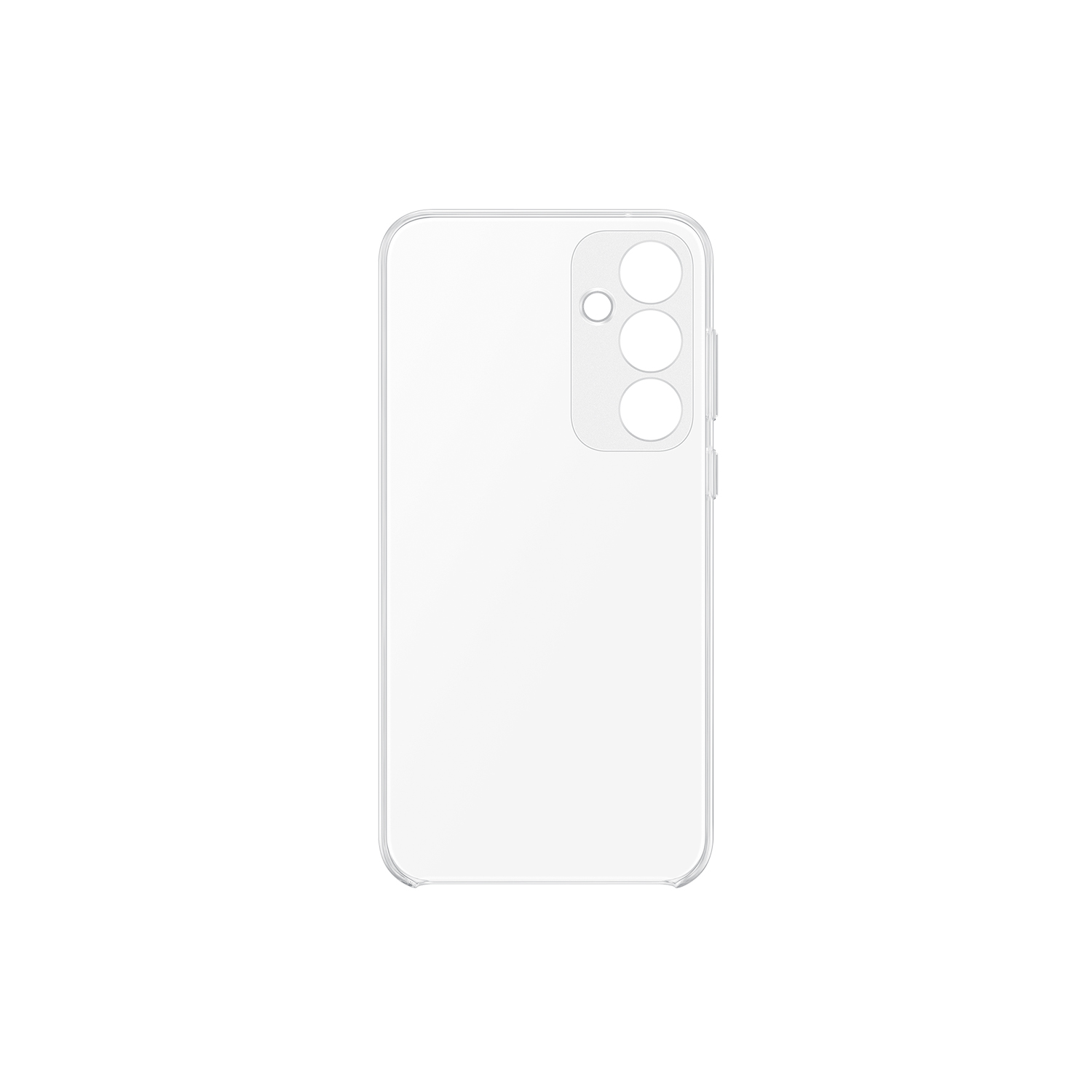 Una funda transparente para teléfono sobre una superficie blanca, mostrando los recortes de la cámara.