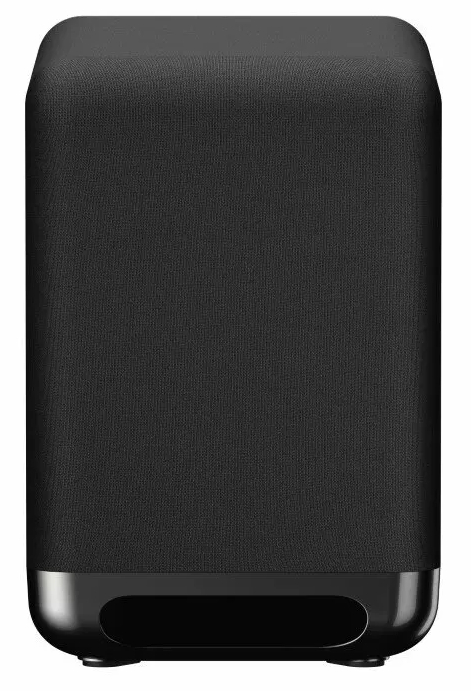 Czarny subwoofer, kształt cylindryczny, na błyszczącej czarnej podstawie.