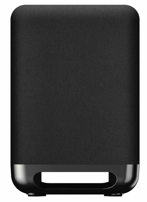 Czarny głośnik, widok z przodu, pokrycie z tkaniny, z czarną podstawą.