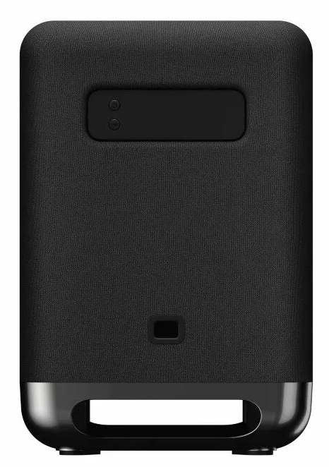 Czarny, prostokątny głośnik. Ma zaokrągloną podstawę i panel sterowania na górze.