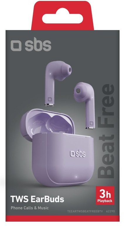 Pudełko fioletowych bezprzewodowych słuchawek. Słuchawki również są fioletowe i obecne jest etui ładujące.