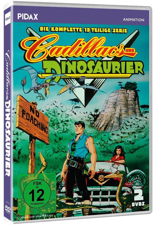 DVD-Cover mit einer Cartoon-Szene. Mann, Frau und Dinosaurier. Text auf blauem Hintergrund.