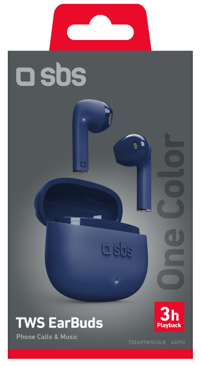 Niebieskie bezprzewodowe słuchawki douszne w etui ładującym. Pudełko pokazuje słuchawki i etui. Białe tło.