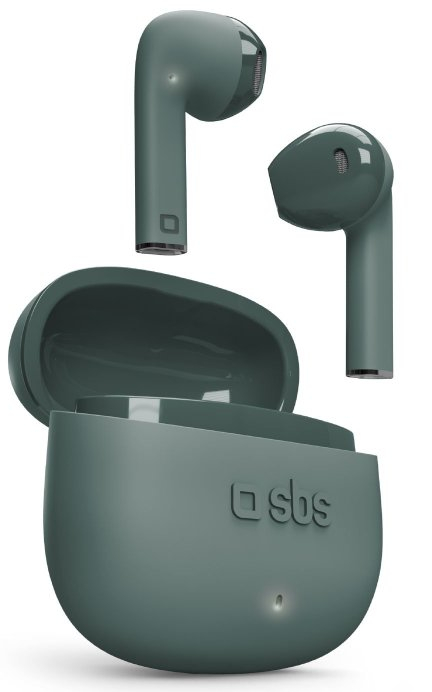 Zielone bezprzewodowe słuchawki SBS i etui ładujące, otwarte, z widocznym logo marki.