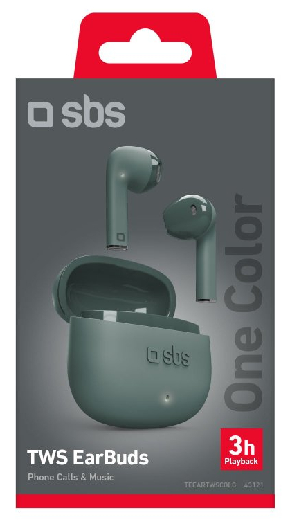 Zielone pudełko słuchawek TWS ze słuchawkami i tekstem wskazującym czas odtwarzania.