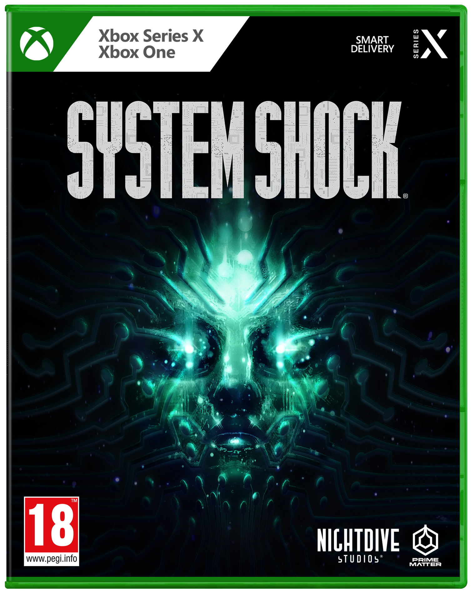 Okładka gry Xbox dla System Shock. Zielono-czarny design z twarzą.