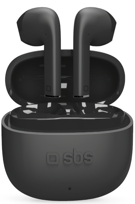 Czarne bezprzewodowe słuchawki w etui ładującym, z marką 'sbs'.