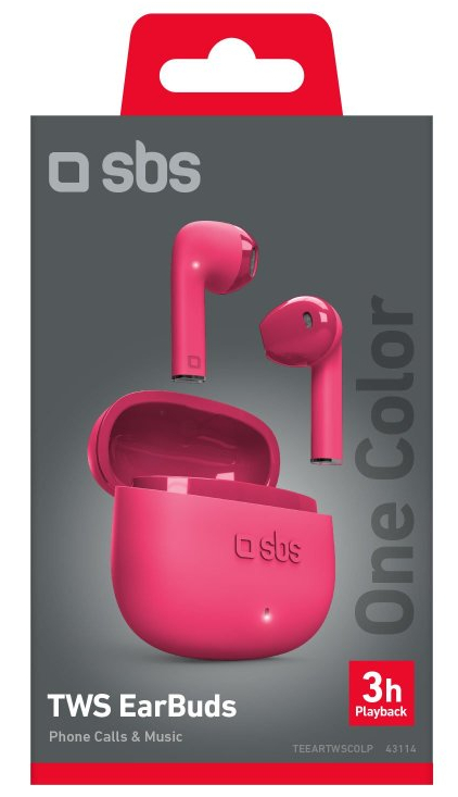 Różowe słuchawki TWS i etui ładujące z logo 'sbs'.
