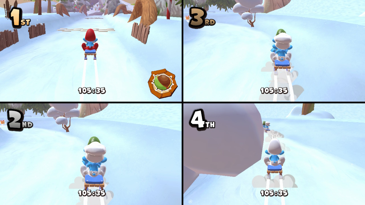 Cztery postacie z kreskówek na nartach ścigają się po śnieżnym stoku. Numery oznaczają ich pozycje.