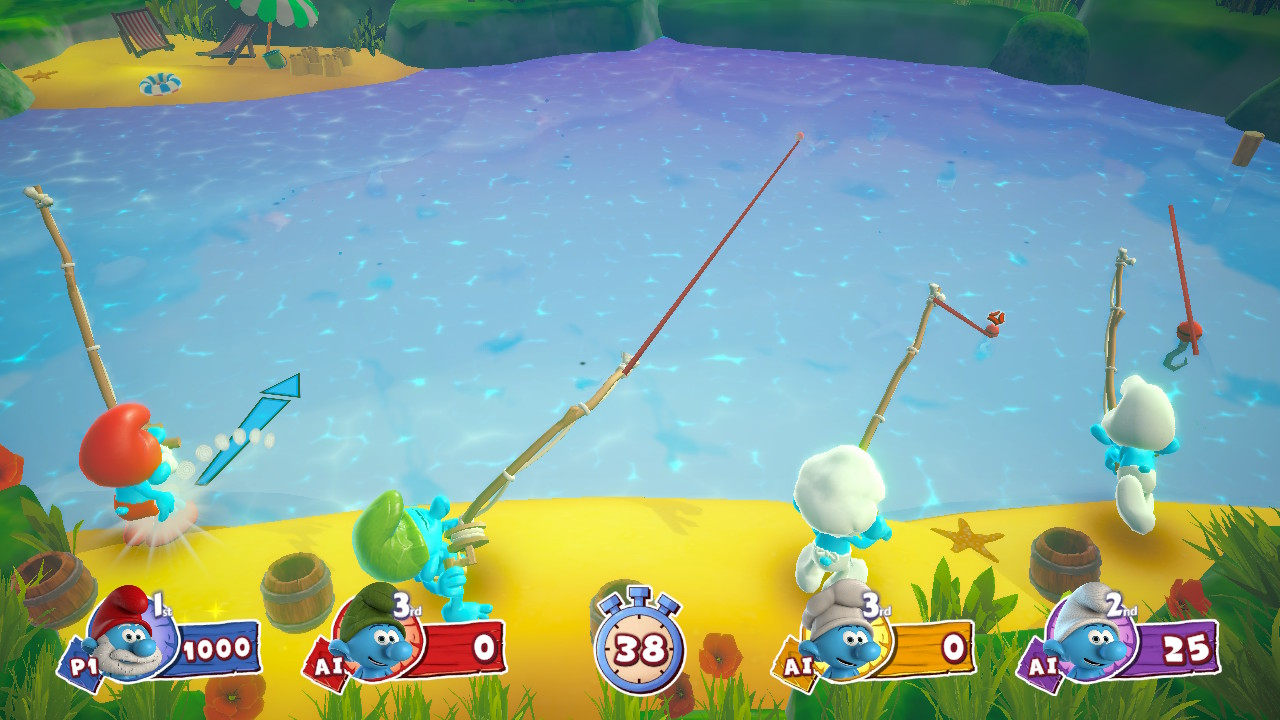 Smerfy łowiące ryby w kreskówkowym jeziorze. Są na pływających platformach, z wędkami. Widoczne są tablice wyników.
