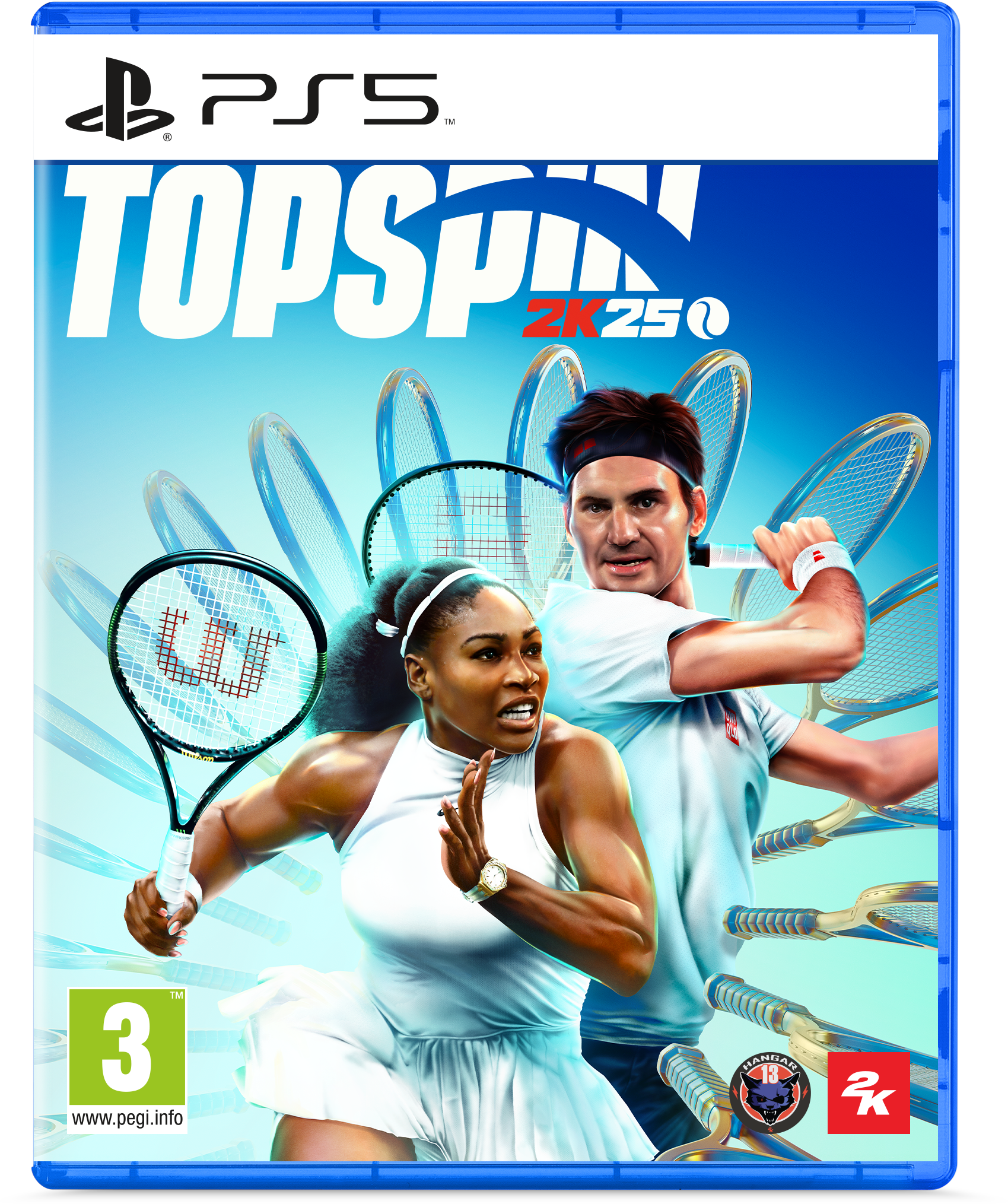 Okładka gry PS5: TopSpin 2K25, Serena Williams i Roger Federer grają w tenisa. Niebieskie tło.