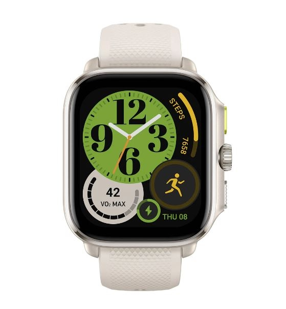 Tarcza smartwatcha pokazująca godzinę, kroki i ikonę aktywności. Biały pasek.