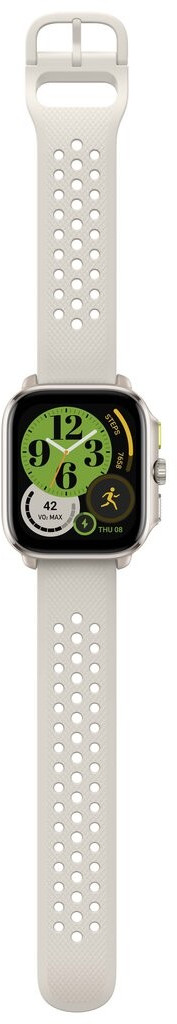 Smartwatch z białym paskiem, pokazujący tarczę zegarka. Biały i srebrny design.