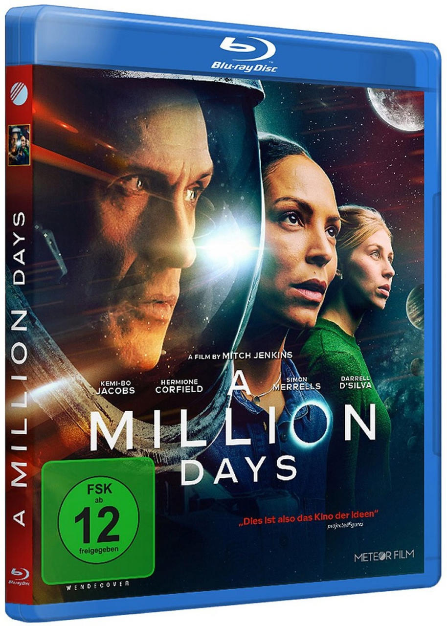 Blu-ray-Cover von 'A Million Days'. Zeigt einen Mann und zwei Frauen in einer Weltraumszene.