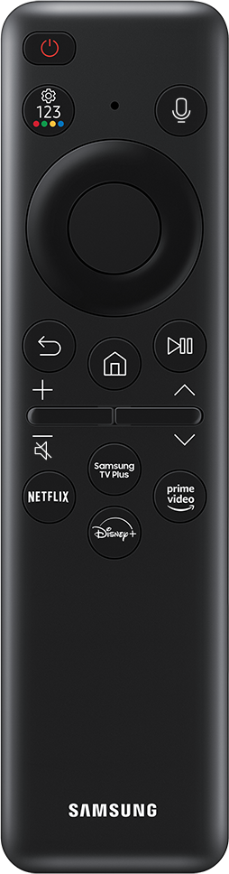 Schwarze Samsung Fernbedienung. Mit Tasten für Ein/Aus, Netflix, Home und Lautstärke.