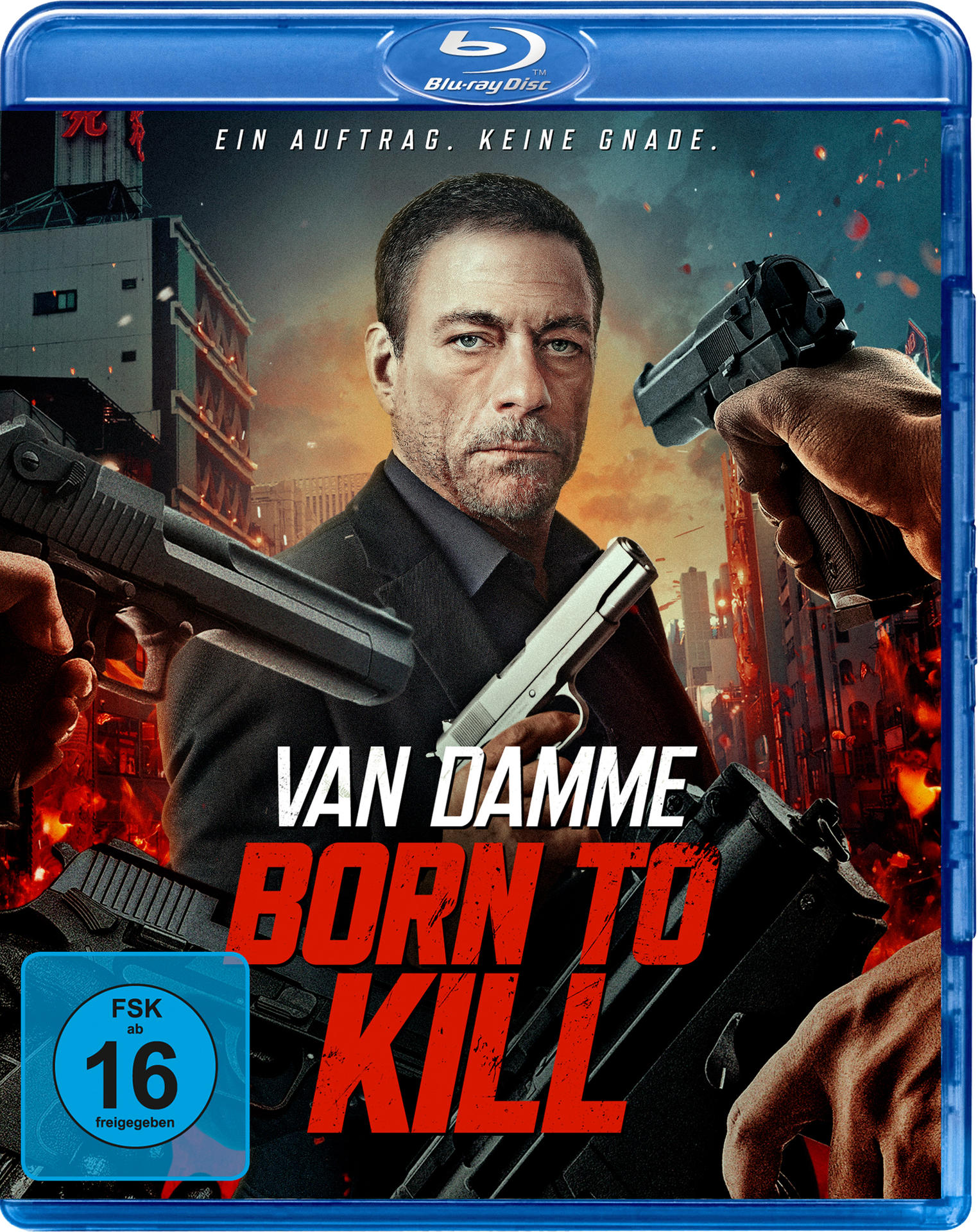 Blu-ray-Cover: Jean-Claude Van Damme, hält eine Pistole, Titel "Born to Kill".