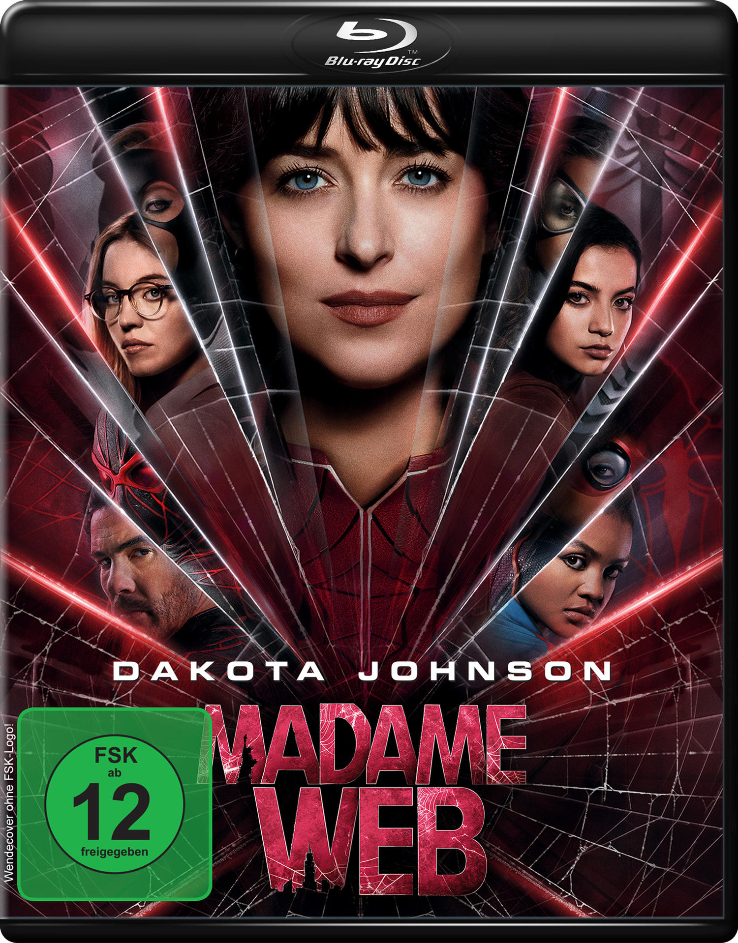 DVD-Cover mit Dakota Johnson und anderen Schauspielern, Titel 'Madame Web'.