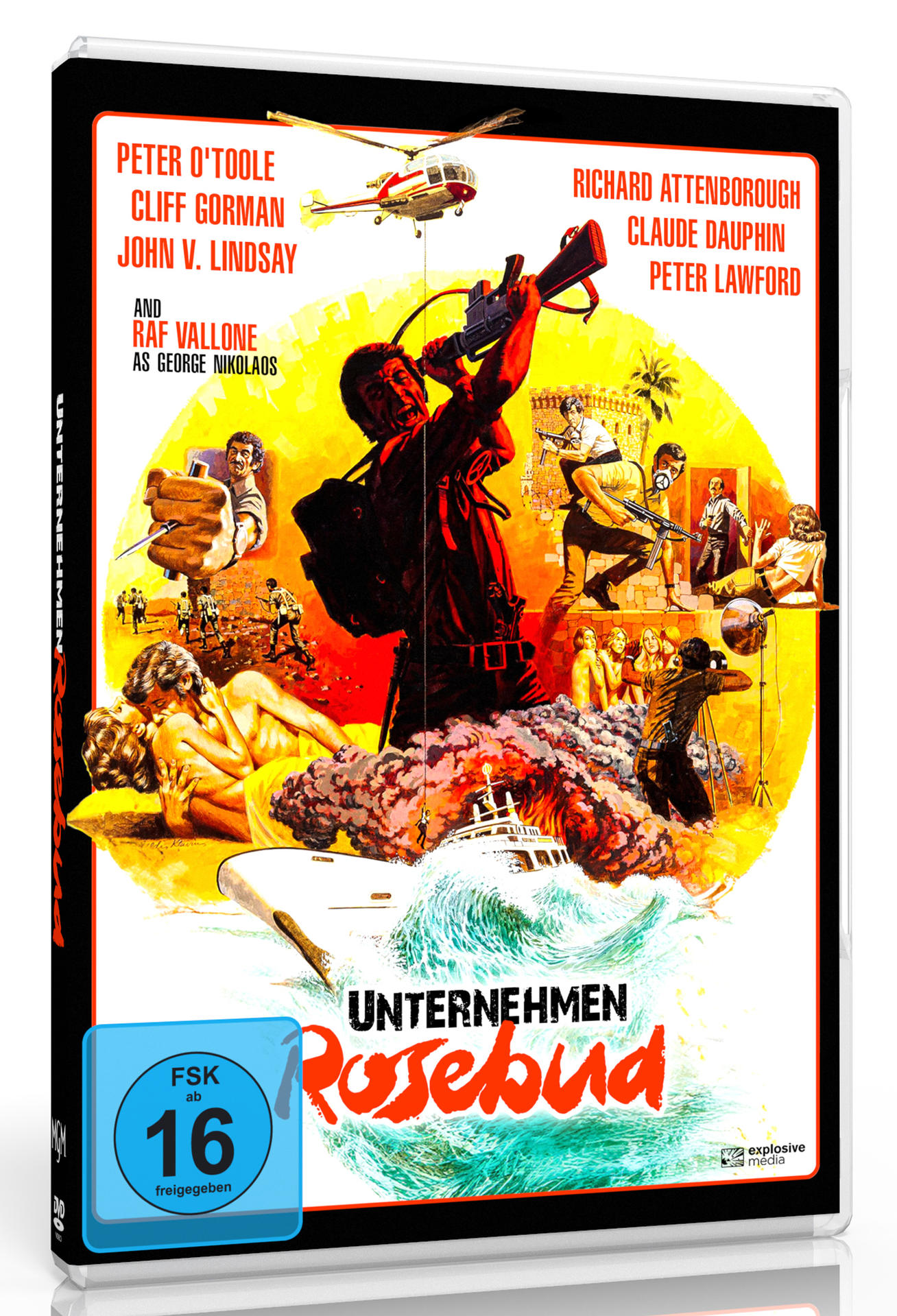 DVD-Cover eines Films, mit einem Mann, der eine Waffe hält und einem Boot.