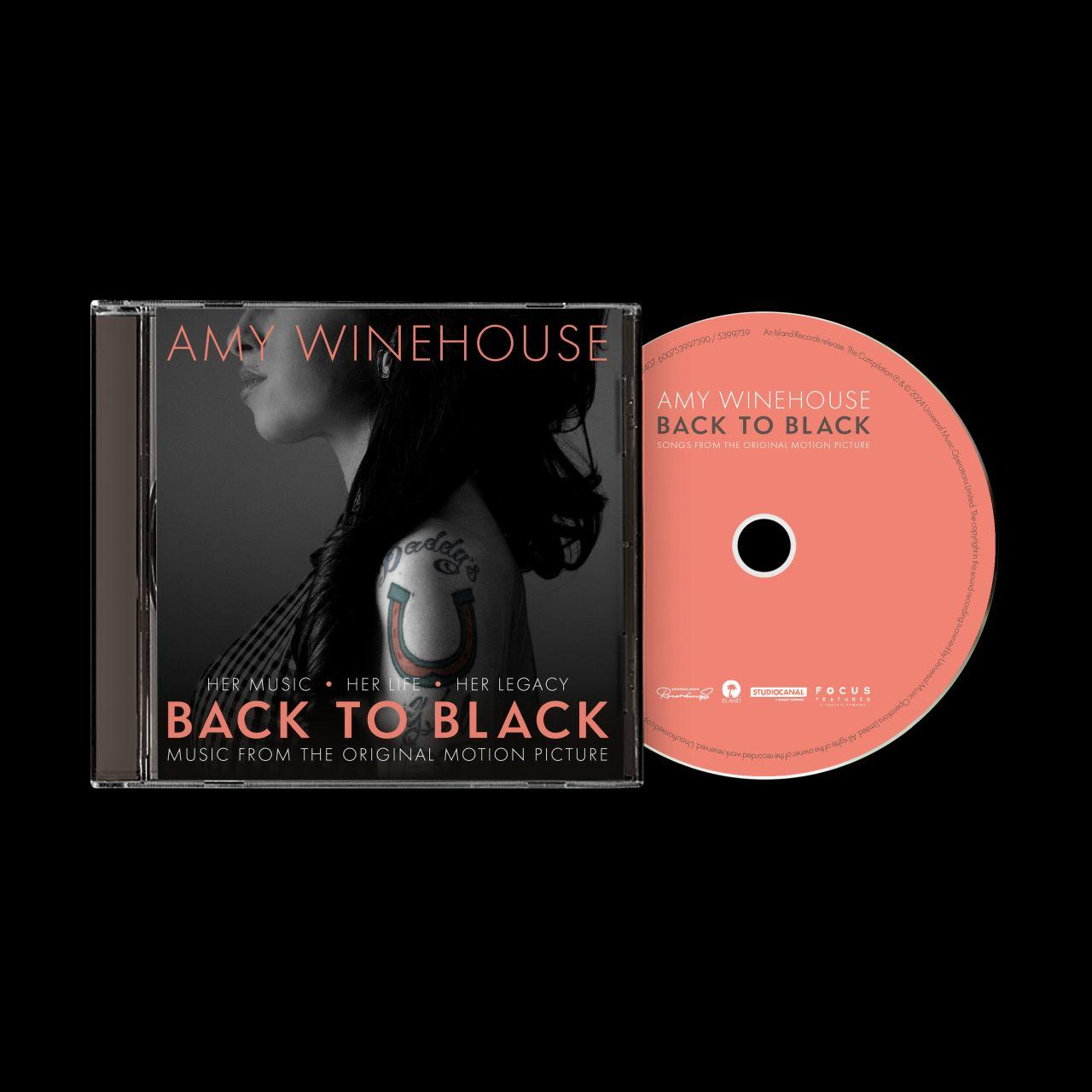 CD-Cover: Amy Winehouse, Back to Black. Die CD befindet sich in einer Hülle, neben der Disc.