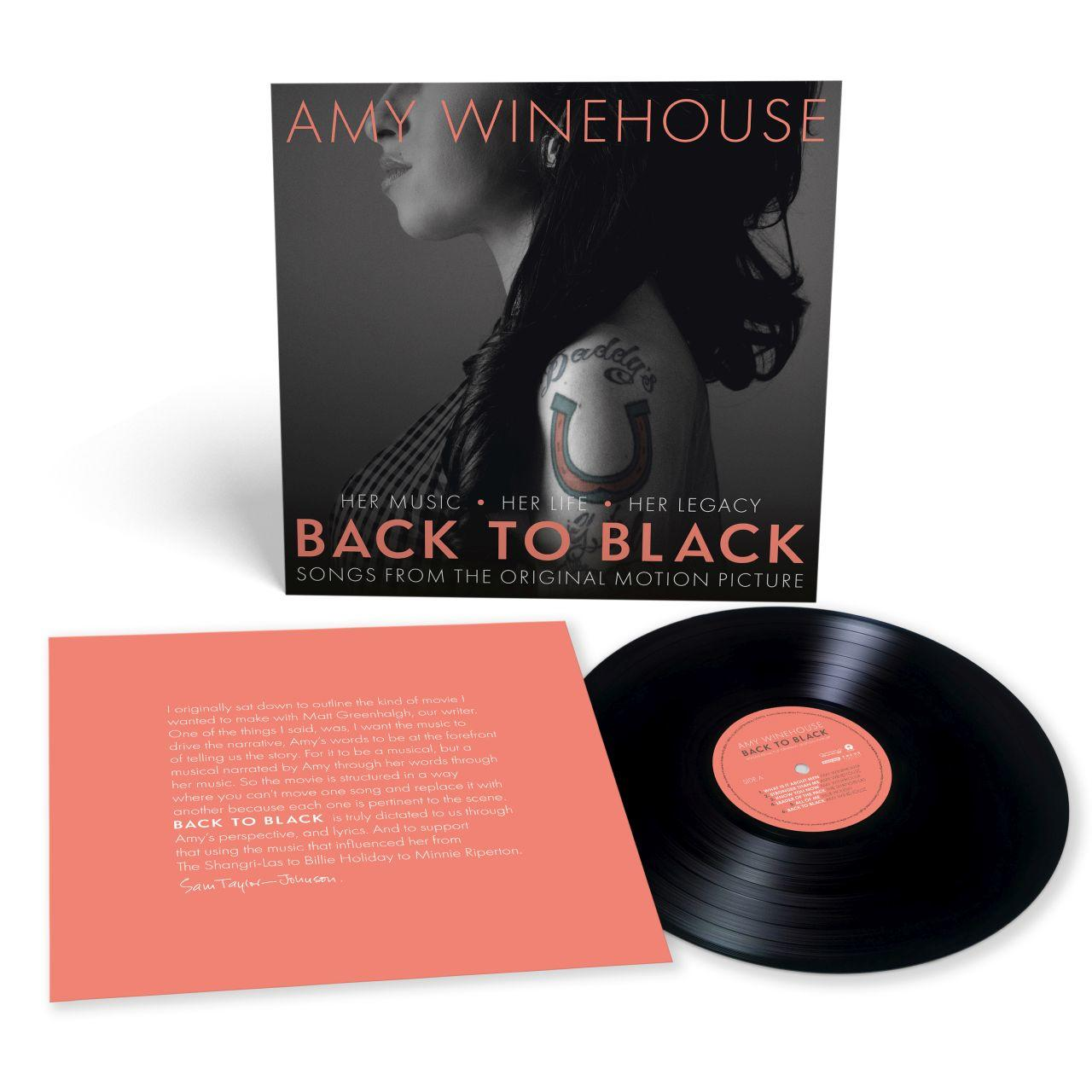 Albumcover von Amy Winehouse' 'Back to Black' mit einer Vinyl-Schallplatte.