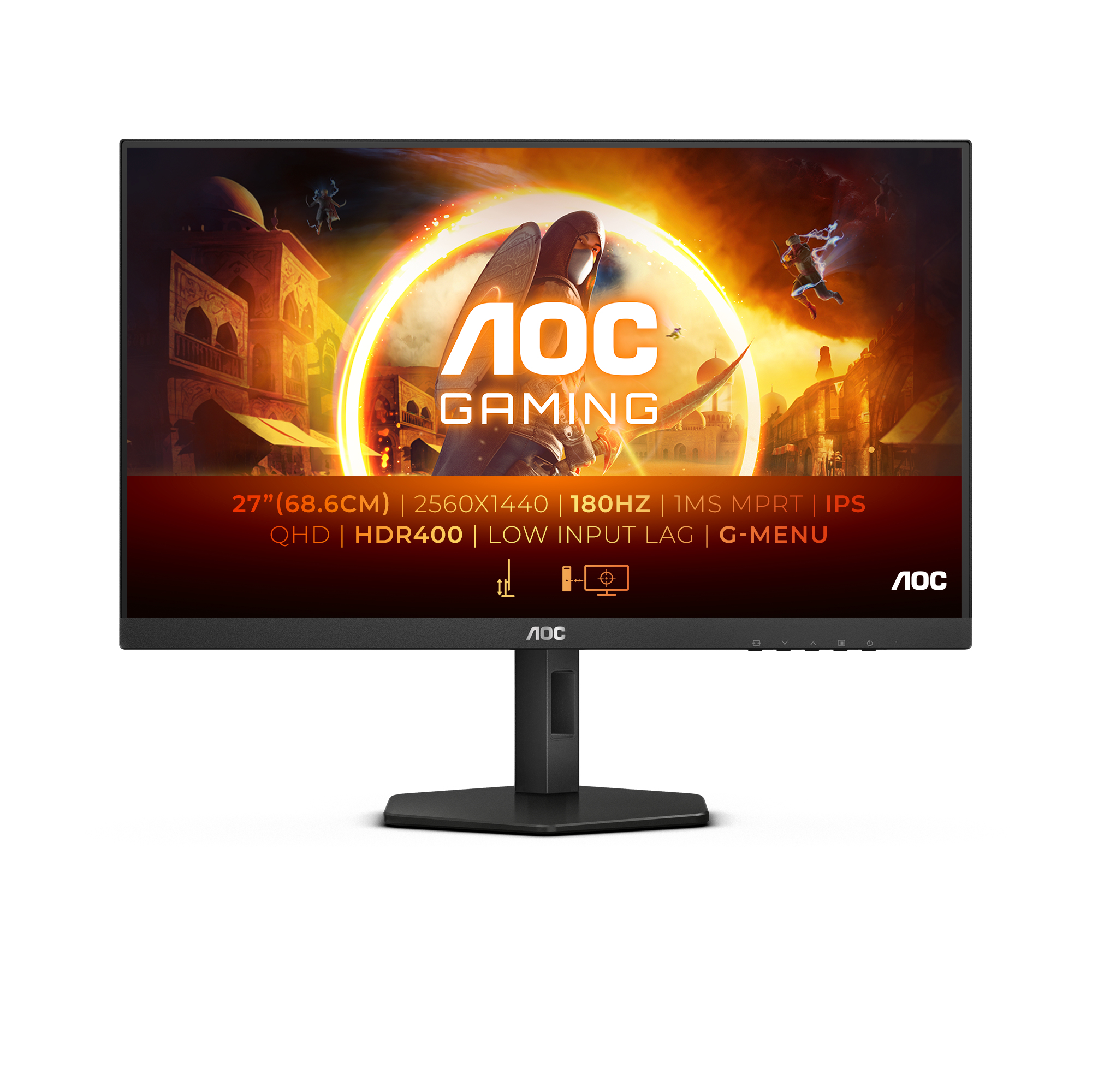 AOC Gaming-Monitor mit Text: 27", 2560x1440, 180Hz, 1ms MPRT, HDR400, Low Input Lag.