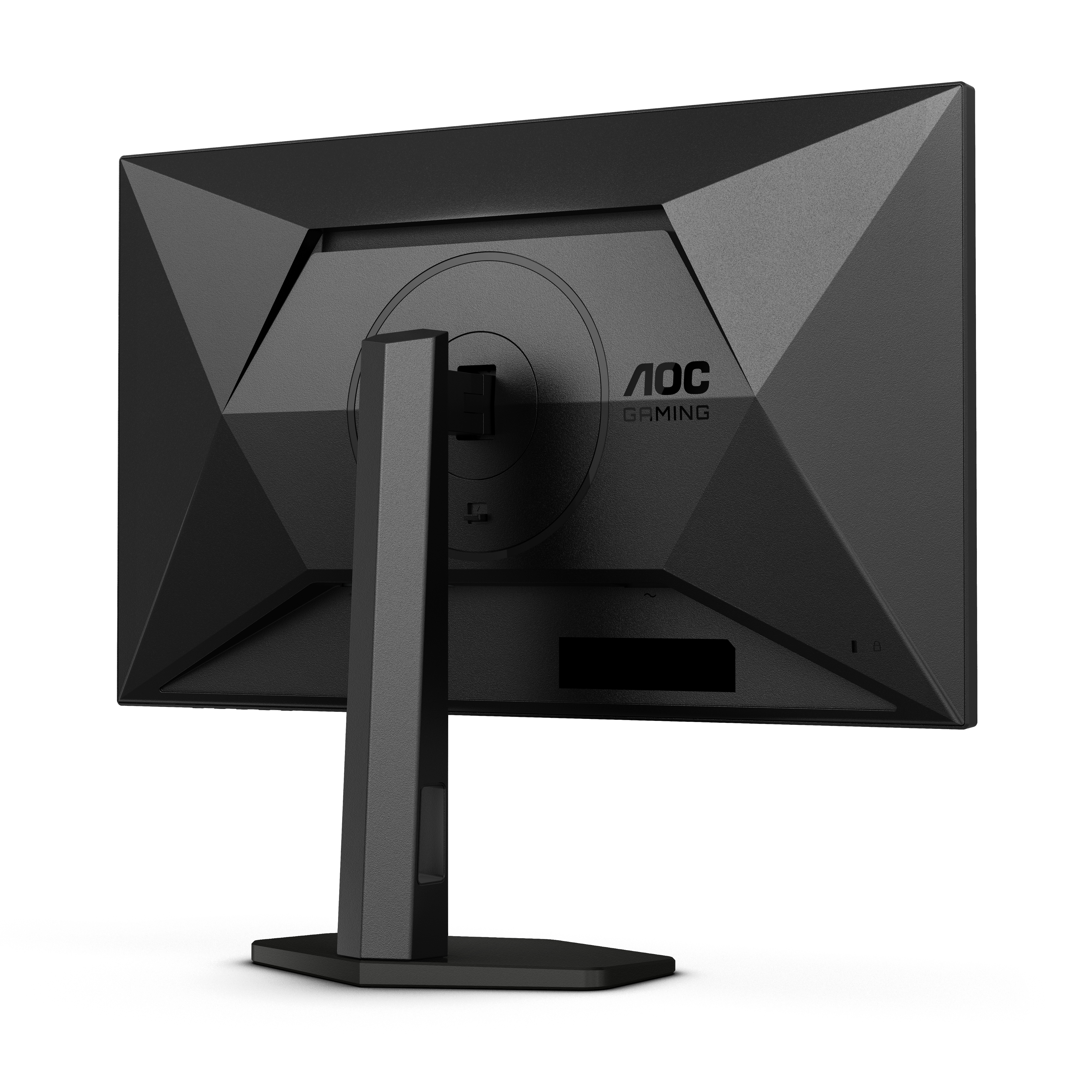 Rückansicht eines schwarzen Computermonitors mit einem AOC Gaming-Logo auf weißem Hintergrund.