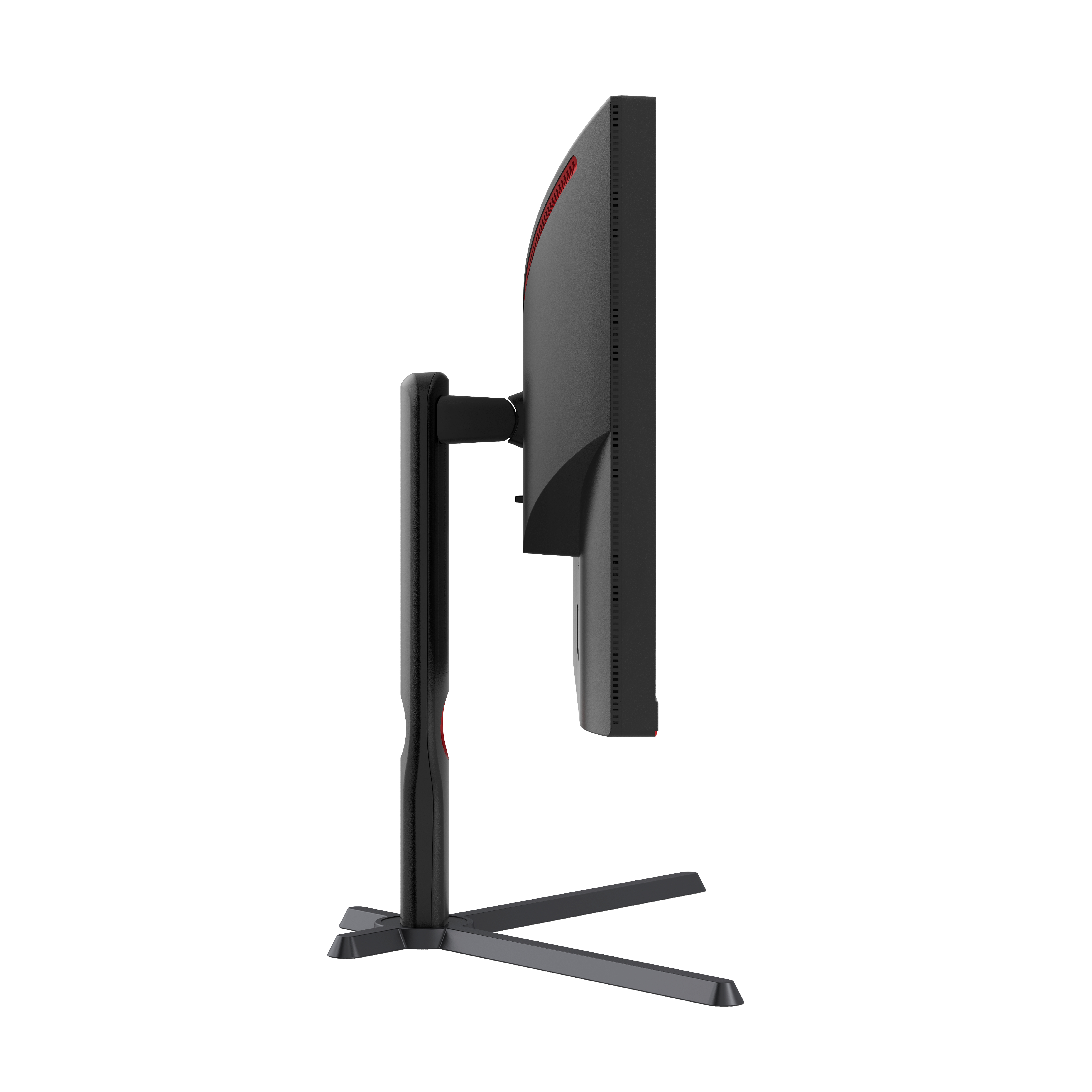 Ein schwarzer Computermonitor auf einem Ständer, Seitenansicht, rote Akzente.