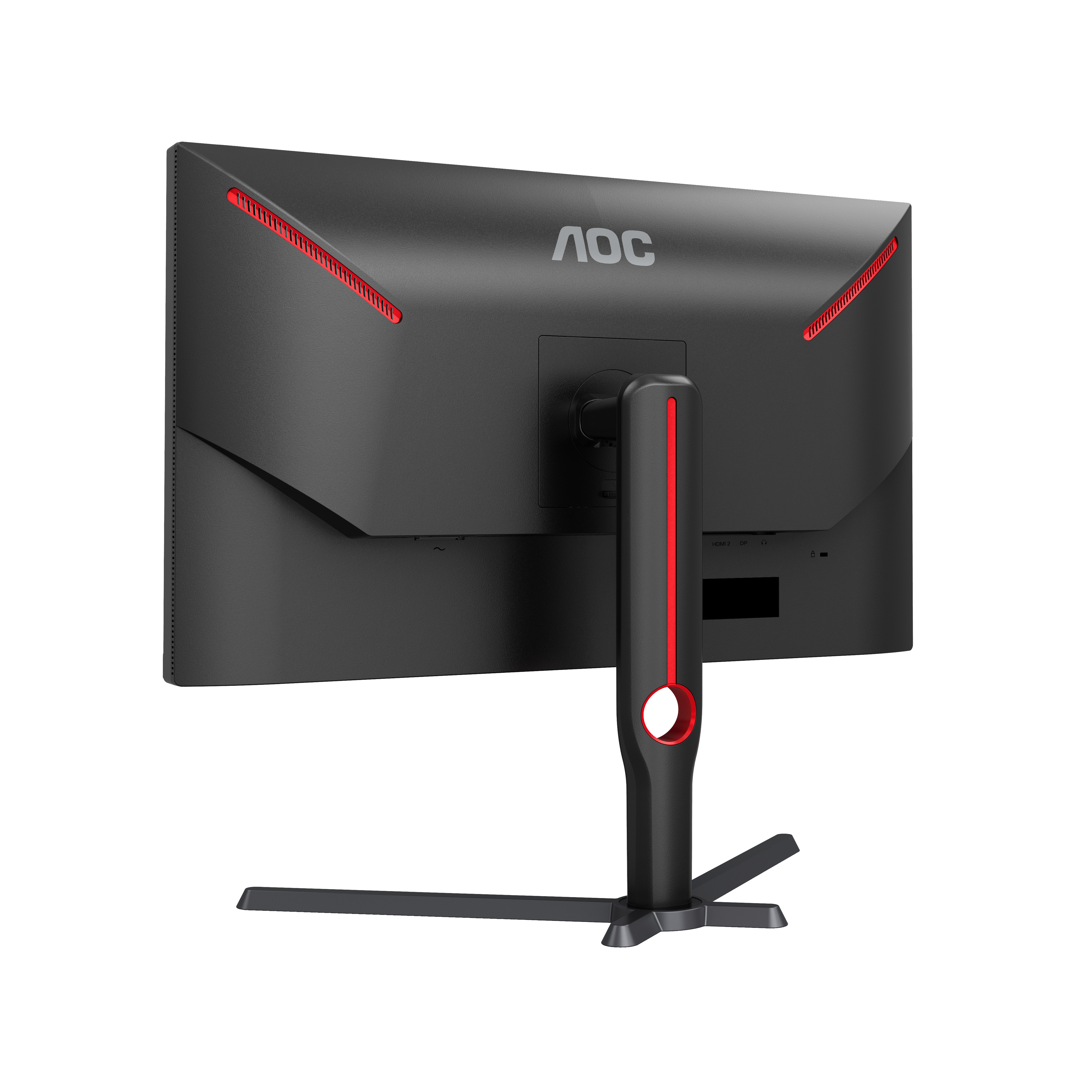Ein schwarzer Monitor von hinten mit roten Akzenten und einem Ständer. Das Logo 'AOC' ist sichtbar.