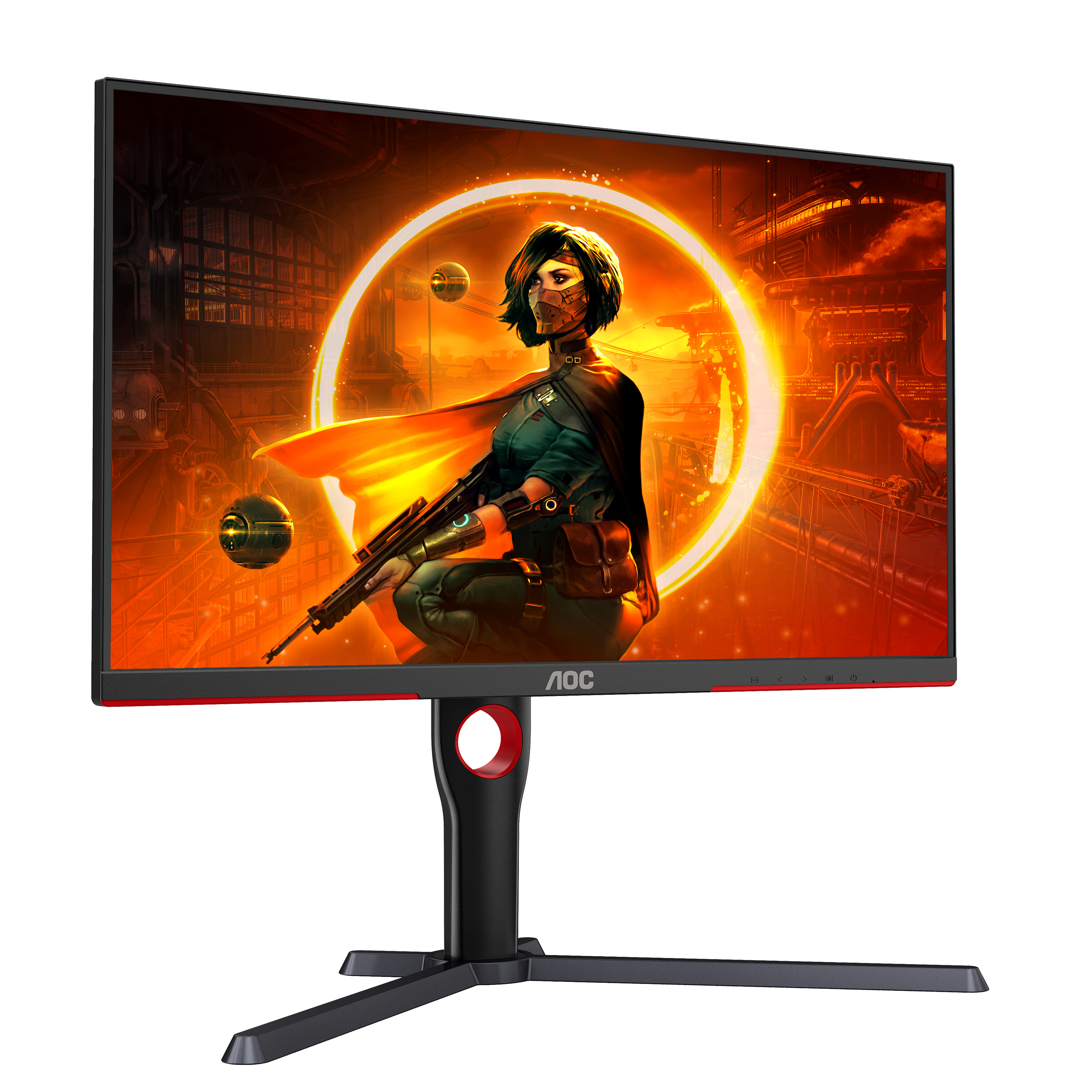 AOC-Monitor zeigt eine maskierte Frau mit einer Waffe. Der Hintergrund zeigt eine futuristische Stadt in Orangetönen.