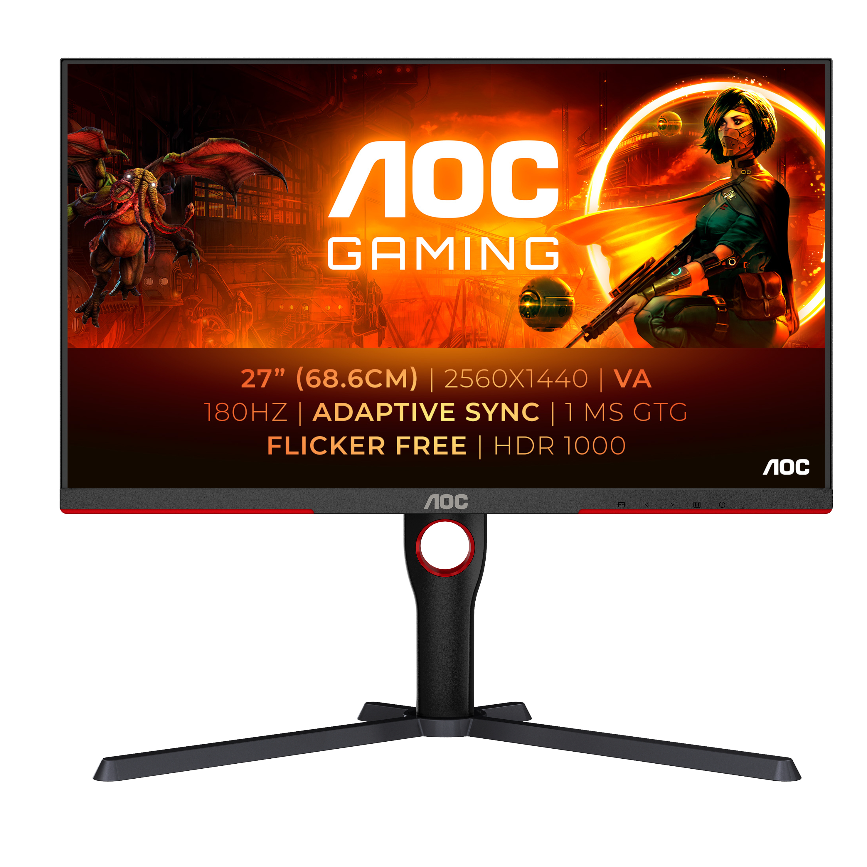 Ein Gaming-Monitor mit schwarzem Rahmen, einer Frau und Text über Spezifikationen auf dem Bildschirm.
