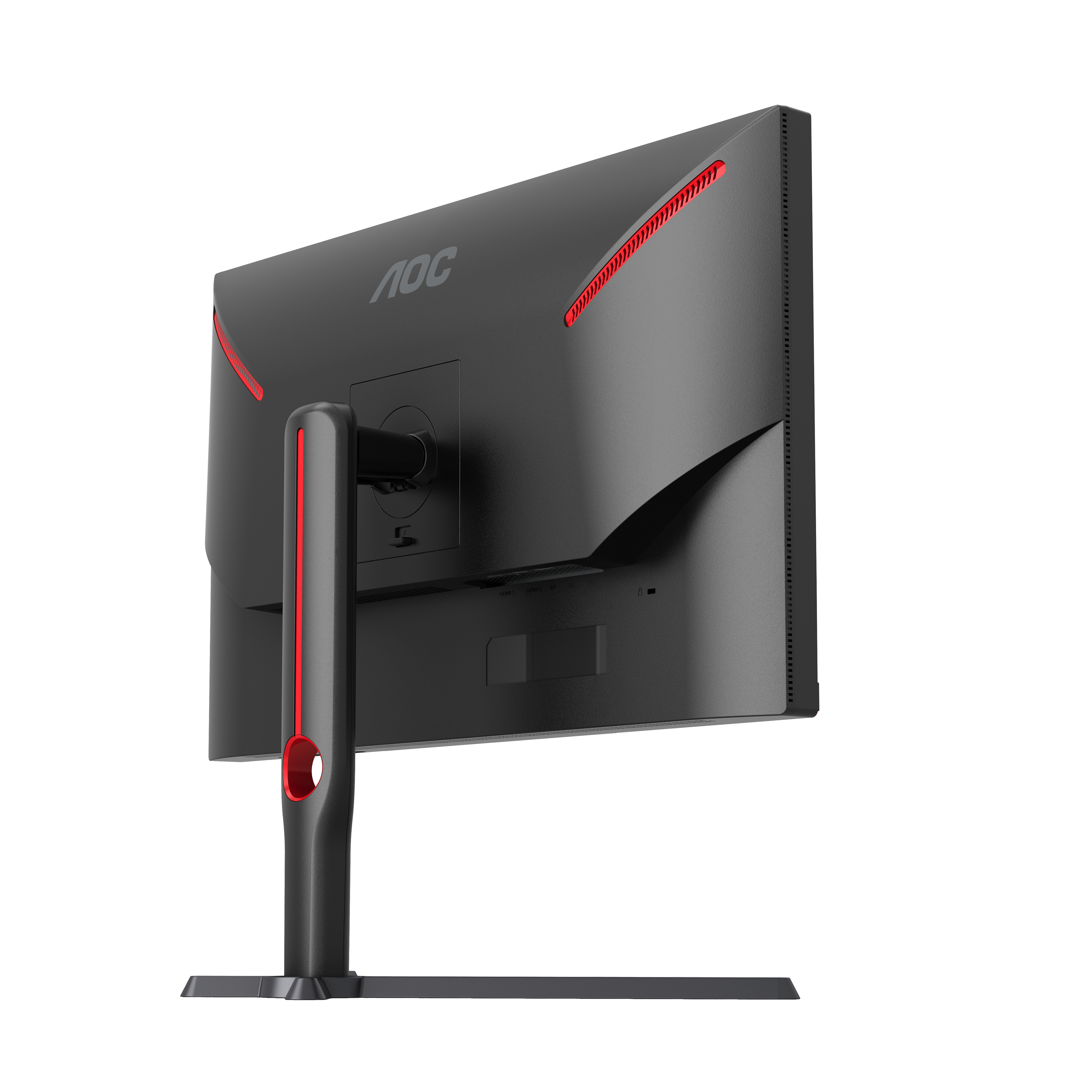 Die Rückseite eines schwarzen AOC-Monitors mit roten Akzenten und Ständer.
