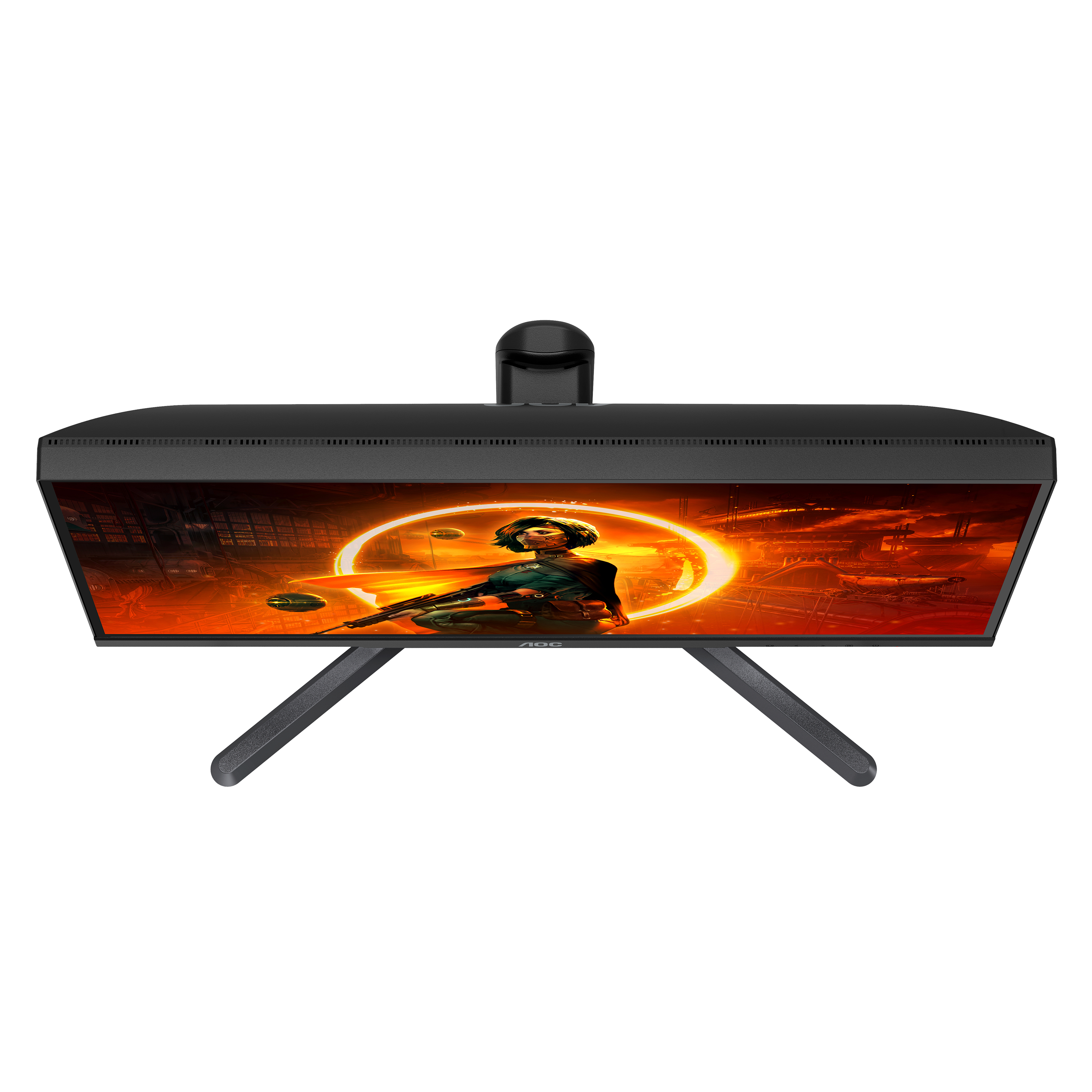 Draufsicht auf einen schwarzen Monitorbildschirm mit Gaming-Bild und schwarzen Beinen.