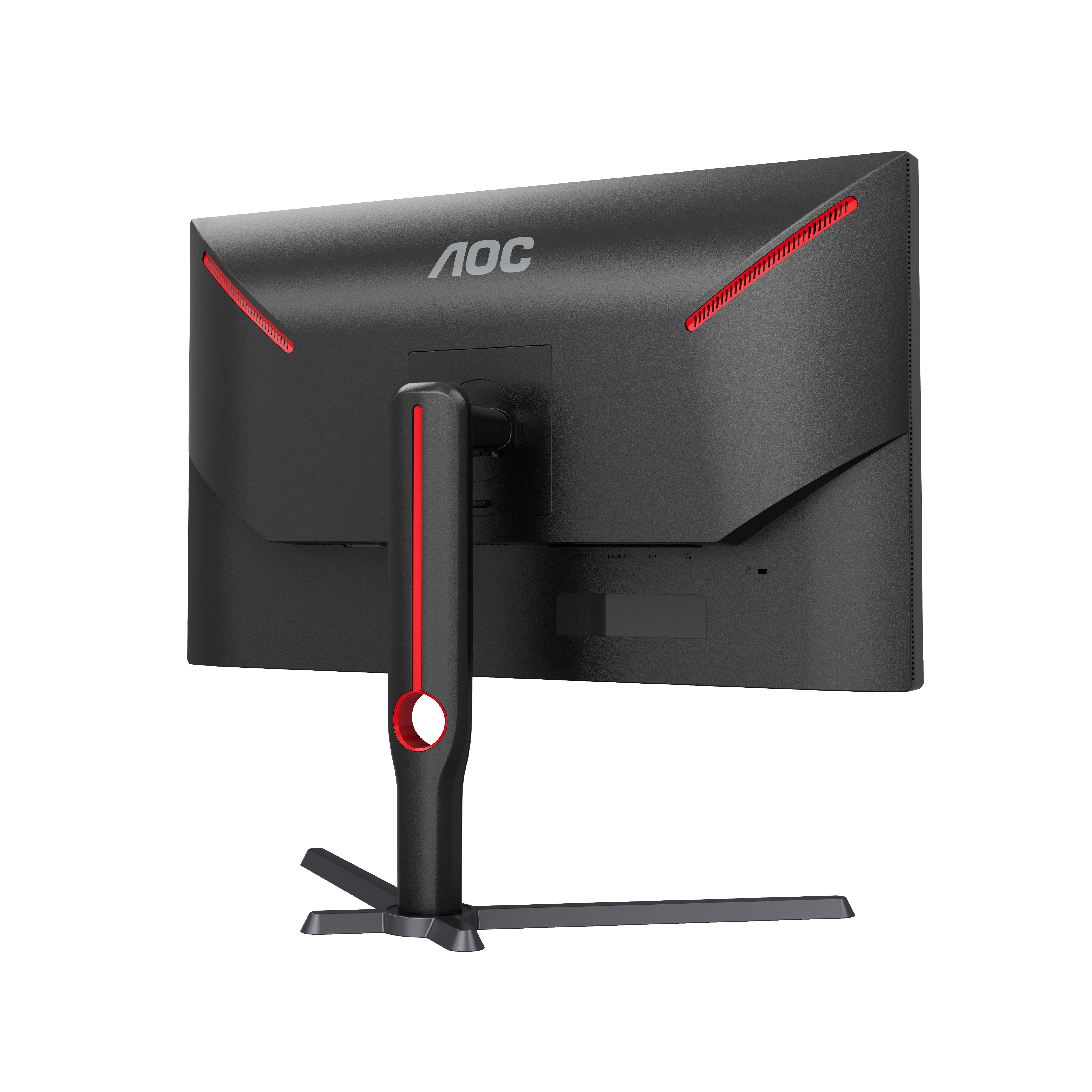Ein schwarzer Computermonitor von hinten, mit AOC-Logo und roten Akzenten.