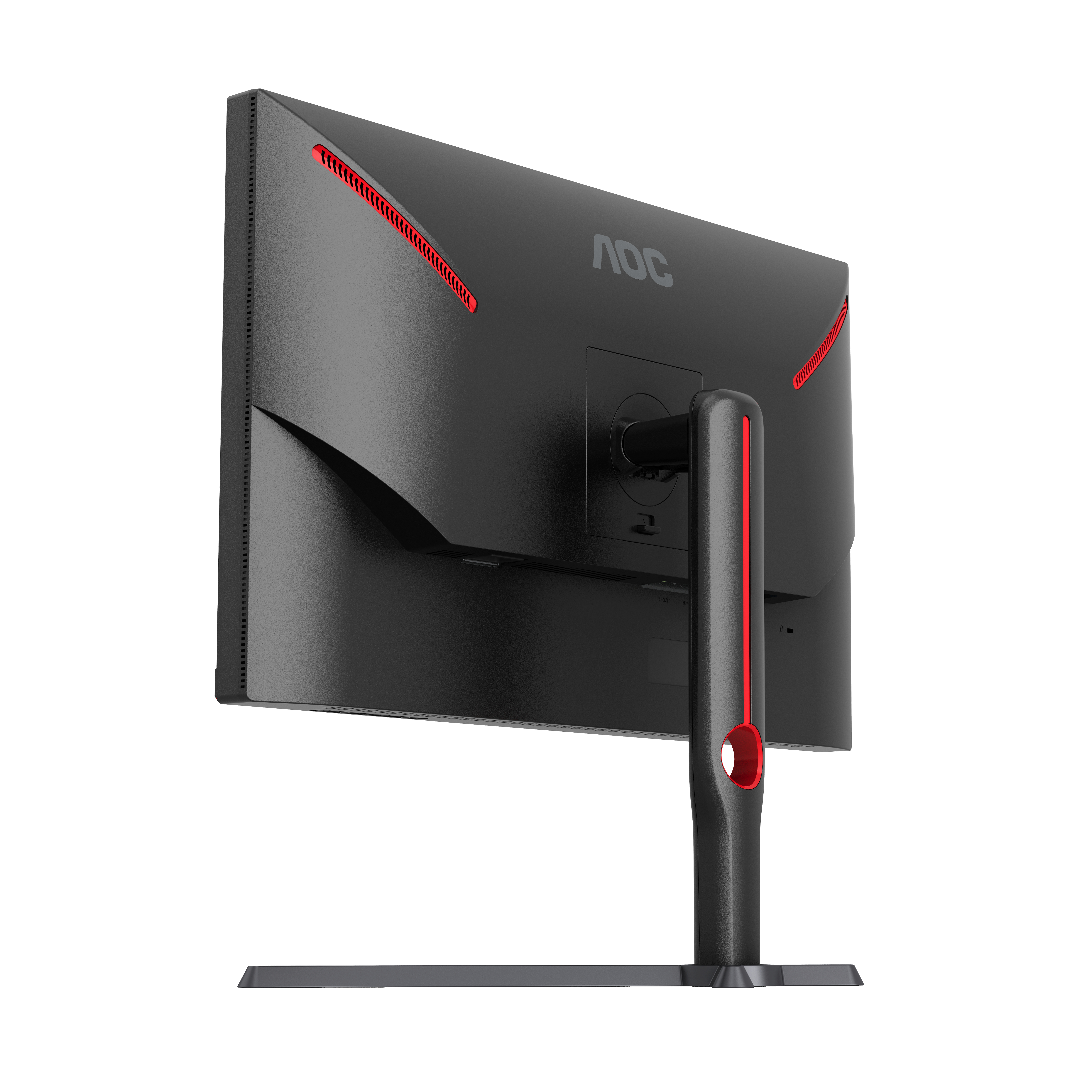 Rückansicht eines schwarzen Computermonitors mit roten Akzenten und Ständer.