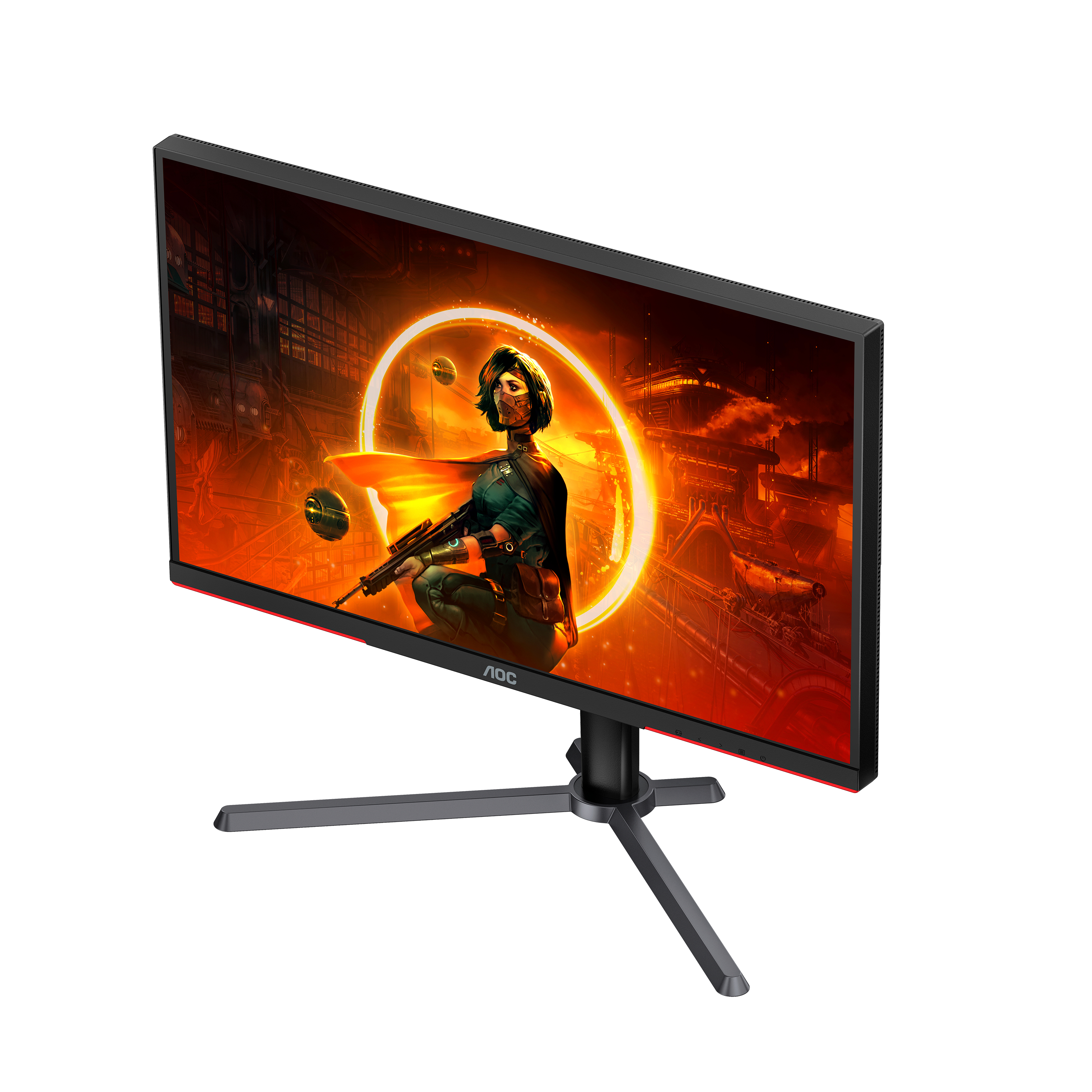 AOC Gaming-Monitor, schräge Ansicht, Spielszene, schwarzer Ständer.
