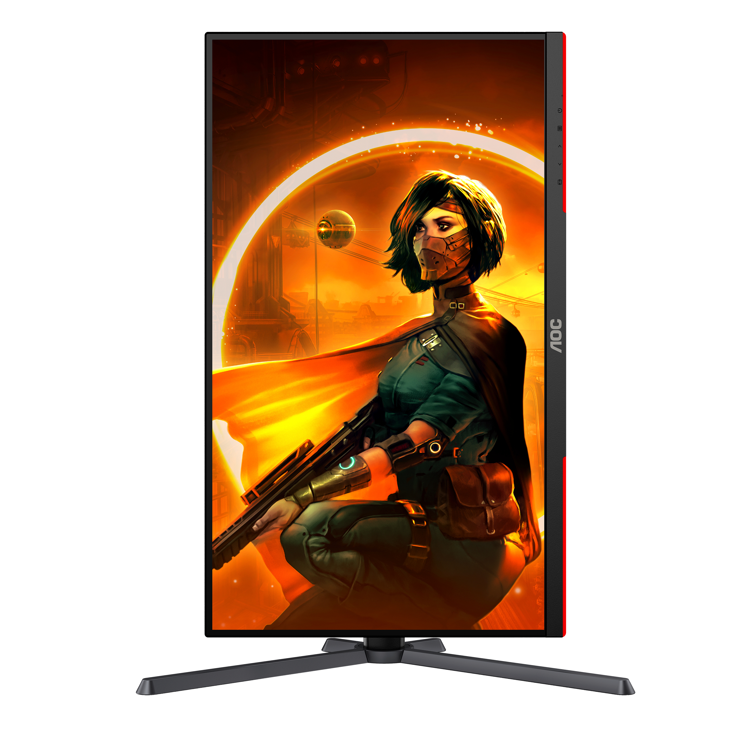 AOC Gaming-Monitor zeigt eine Kriegerin mit futuristischem Stadt-Hintergrund.