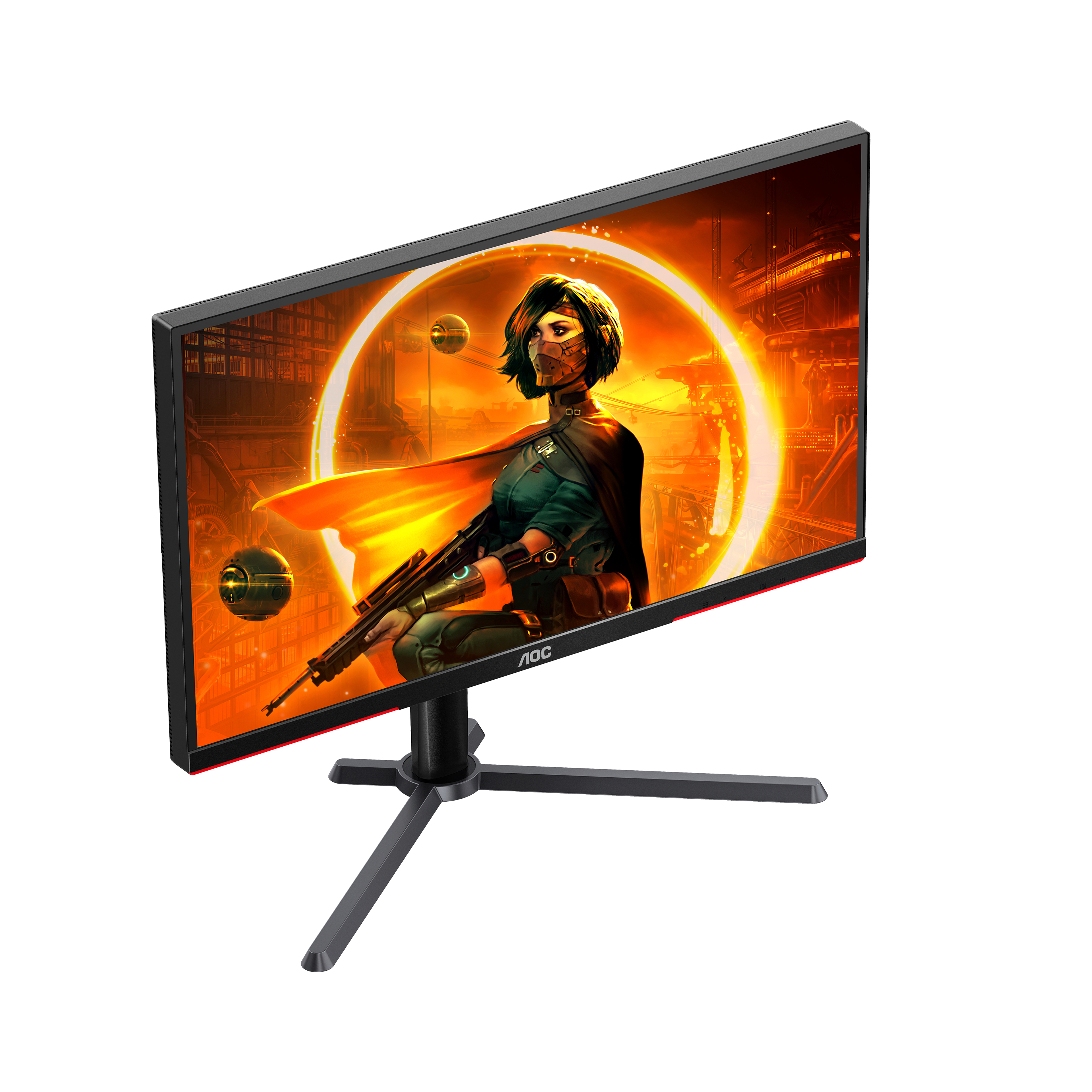 Gaming-Monitor mit Spielszene, rote Akzente.