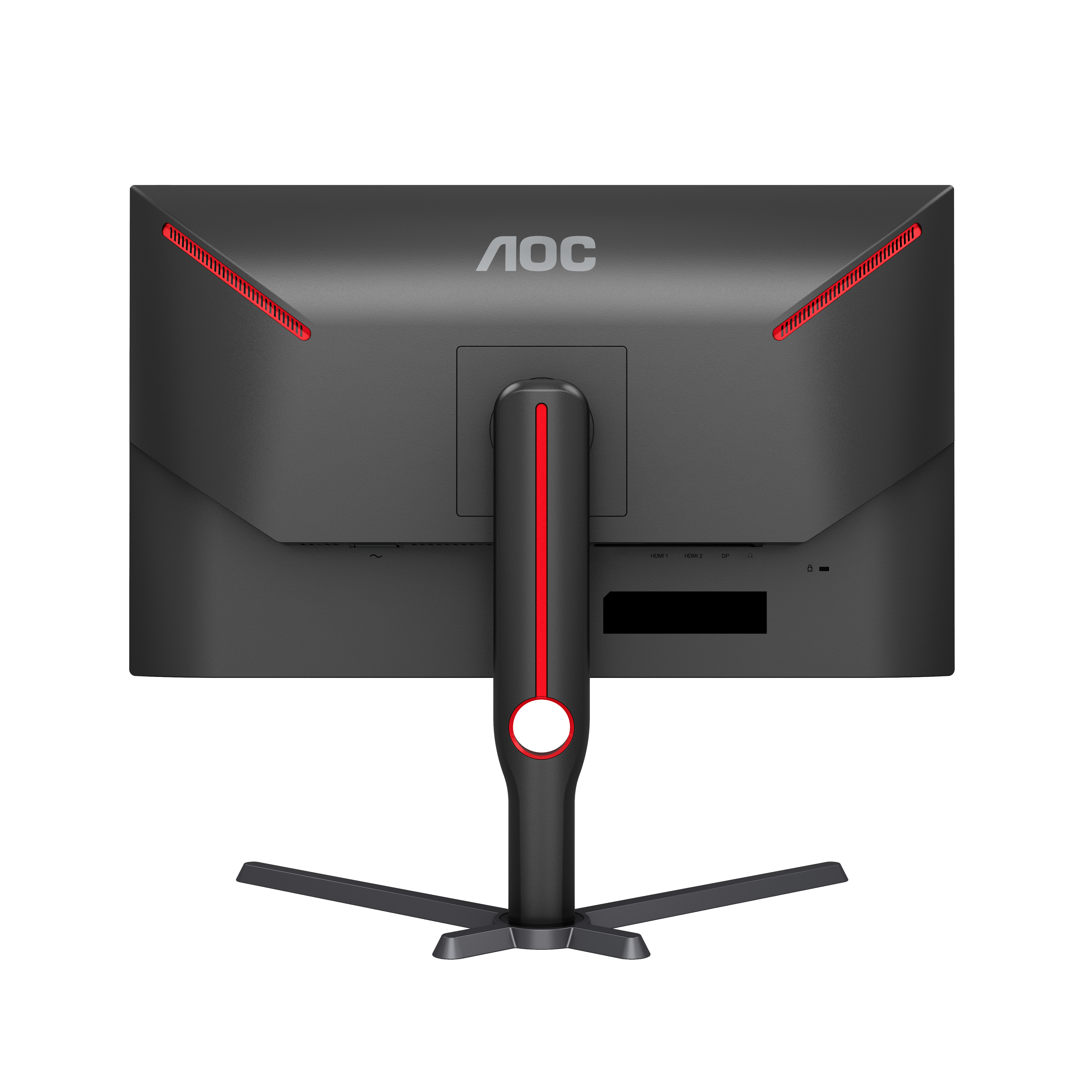 AOC Monitor-Rückseite. Schwarz mit roten Akzenten.