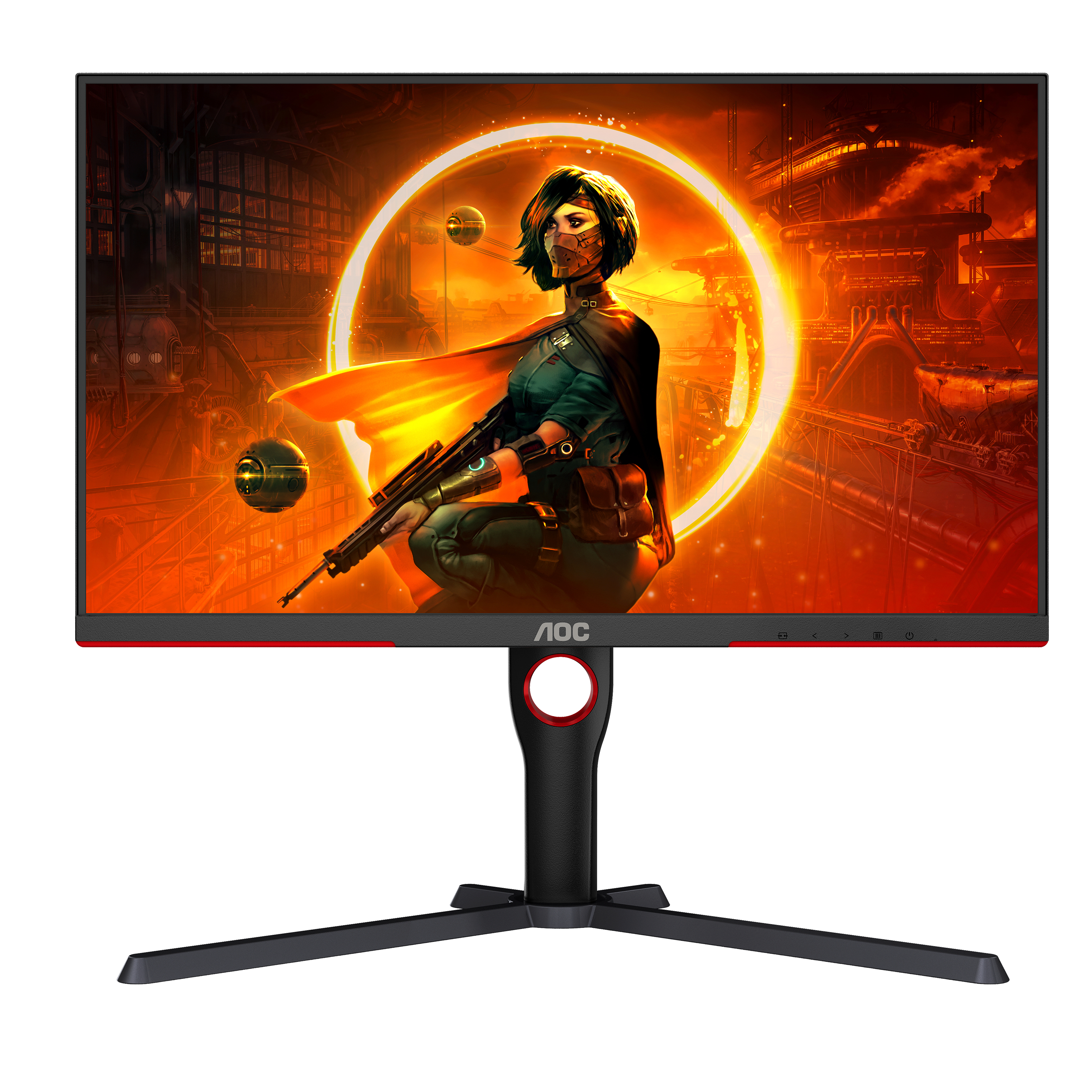 Gaming-Monitor mit einer maskierten Frau auf dem Bildschirm. Rote Akzente und ein schwarzer Ständer.