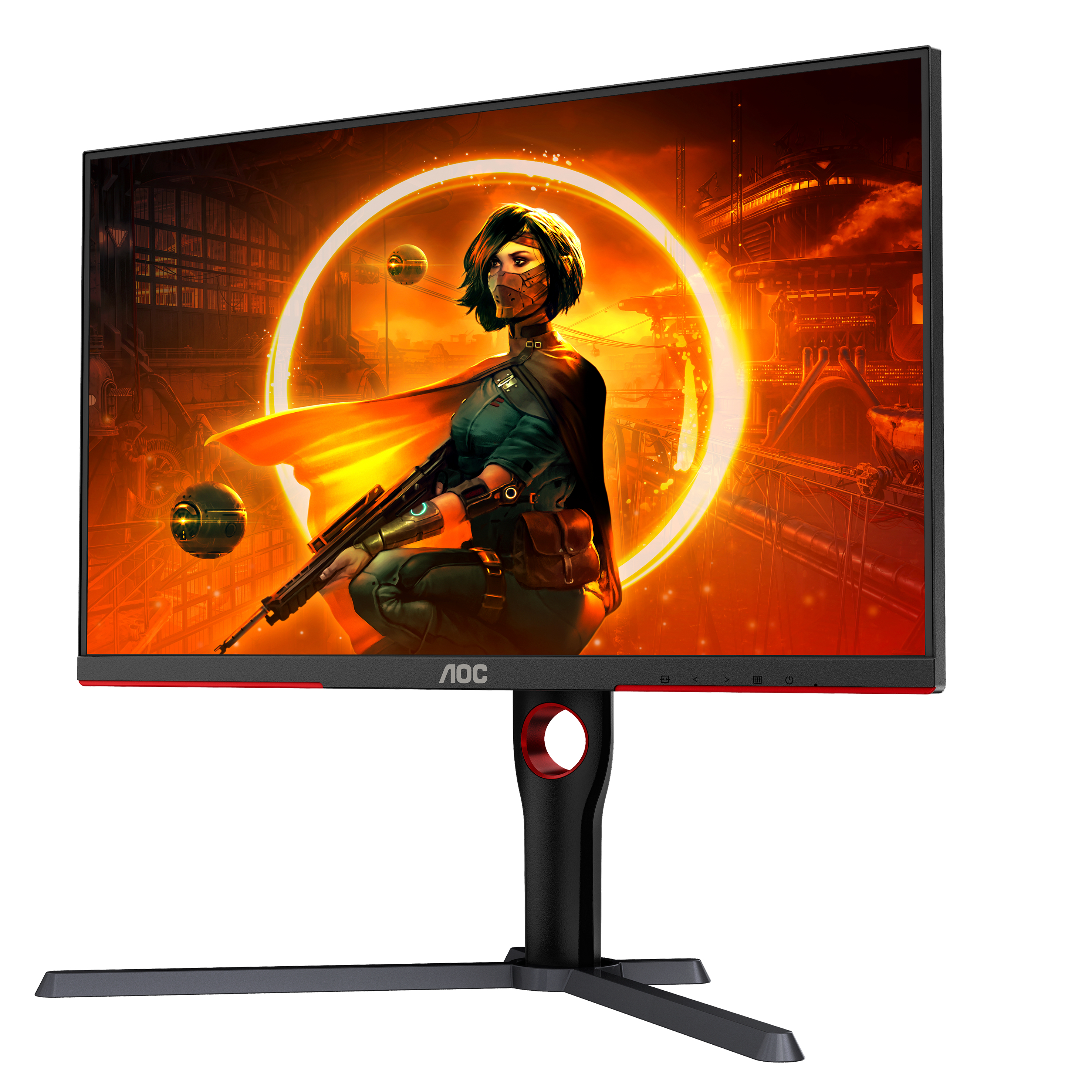 AOC Gaming-Monitor, der eine Spielszene mit einer weiblichen Figur zeigt.