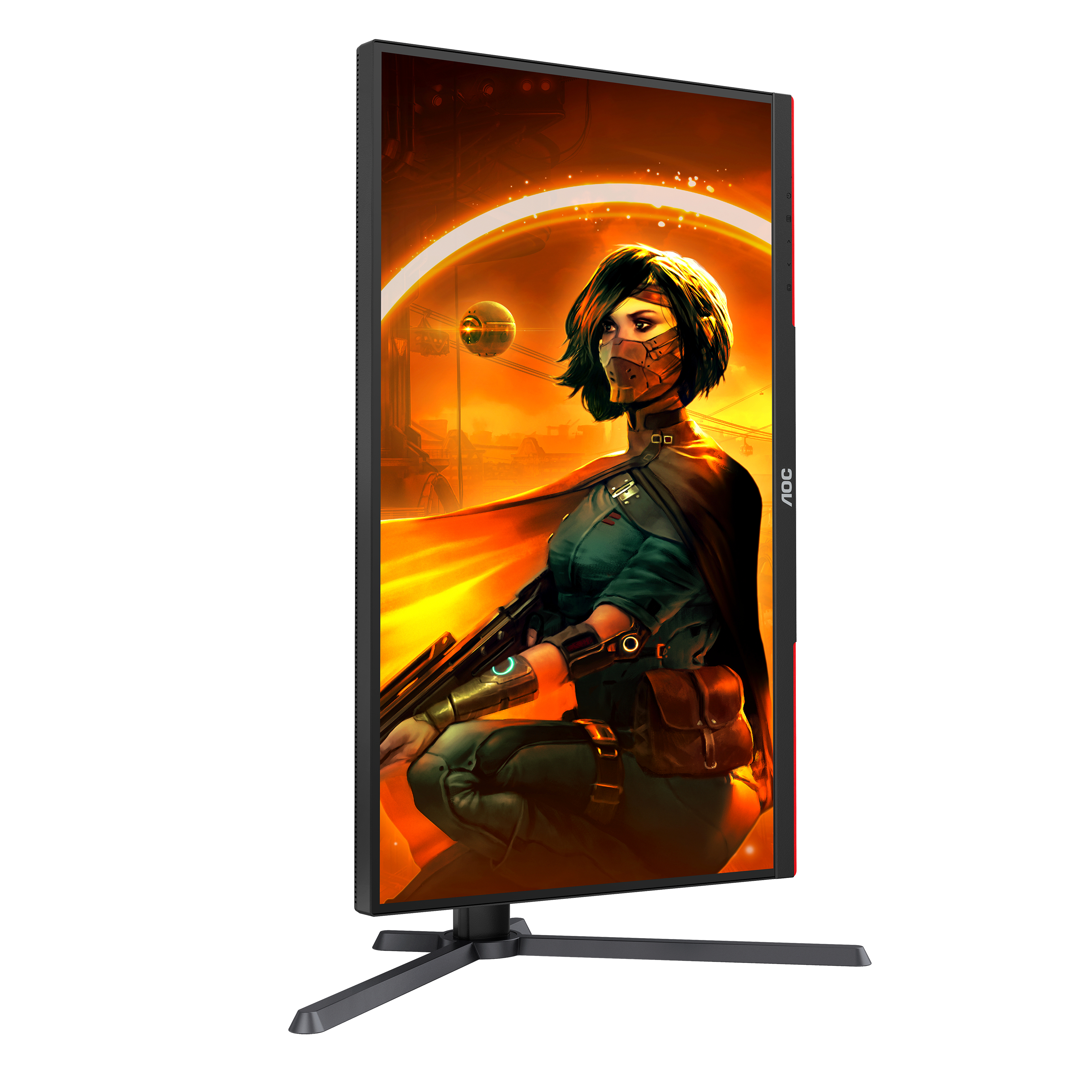 Ein Gaming-Monitor mit einer weiblichen Figur, mit schwarzem Ständer unten.